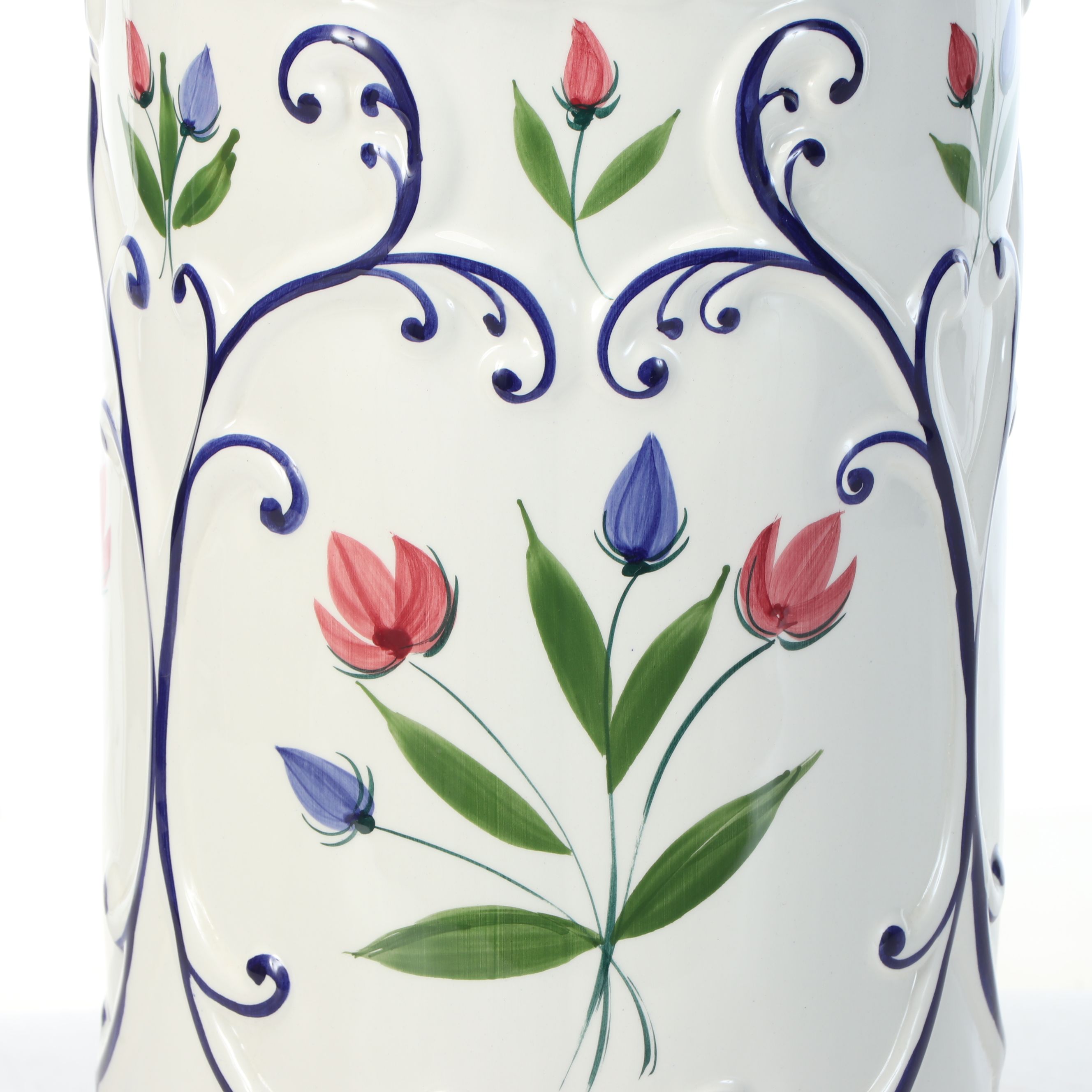 Portuguese Hand-Painted Floral Ceramic Umbrella Stand