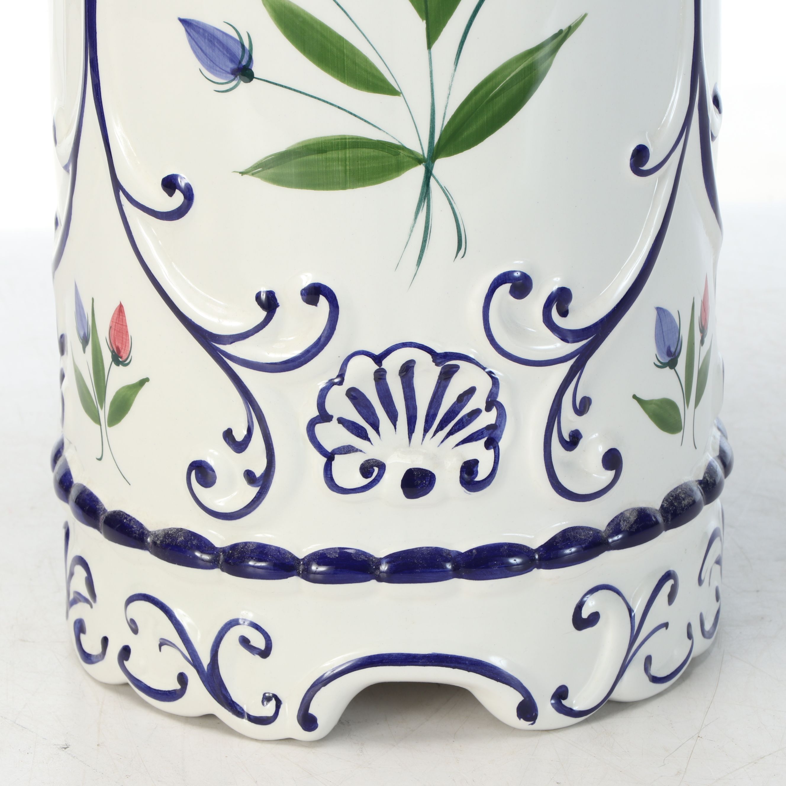 Portuguese Hand-Painted Floral Ceramic Umbrella Stand