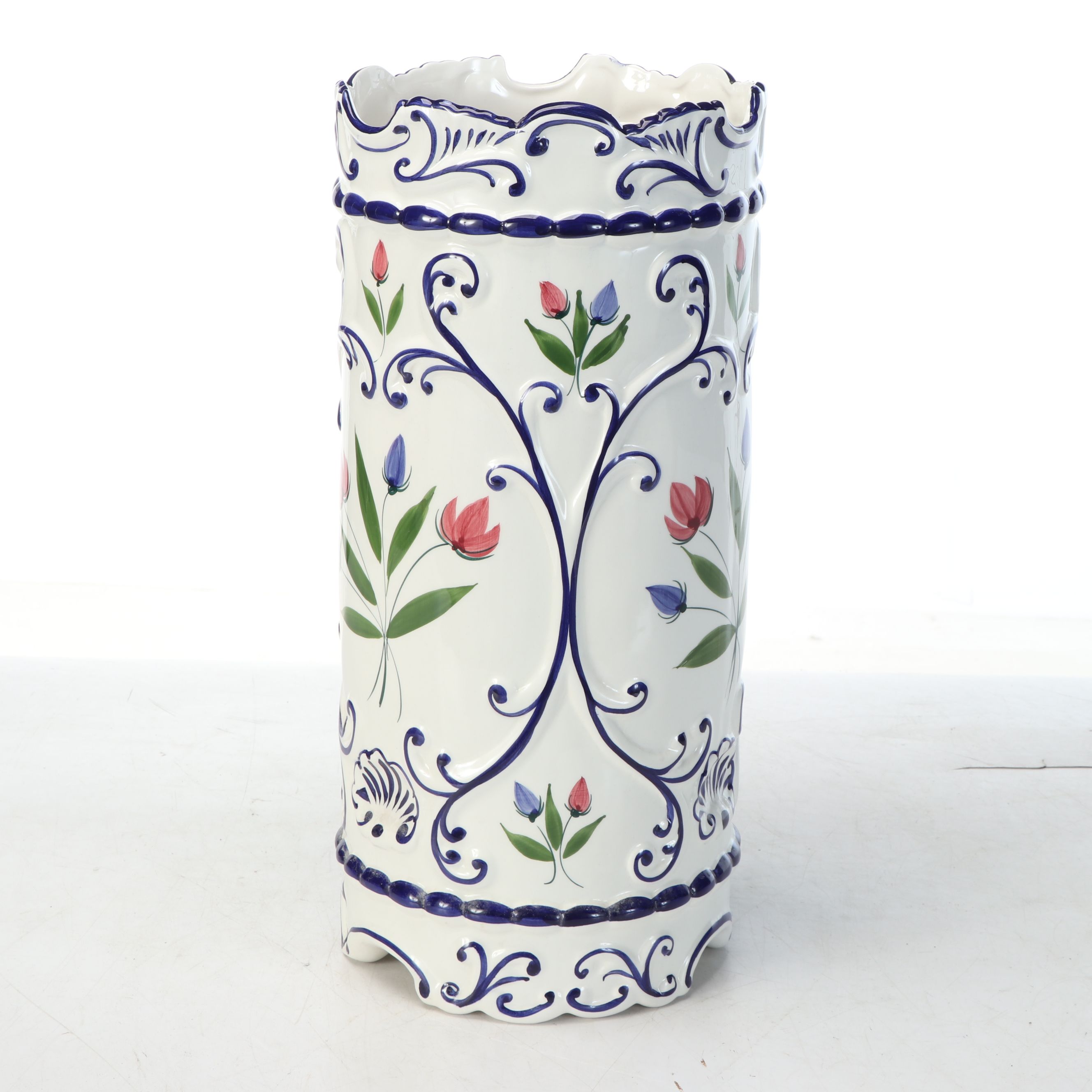Portuguese Hand-Painted Floral Ceramic Umbrella Stand