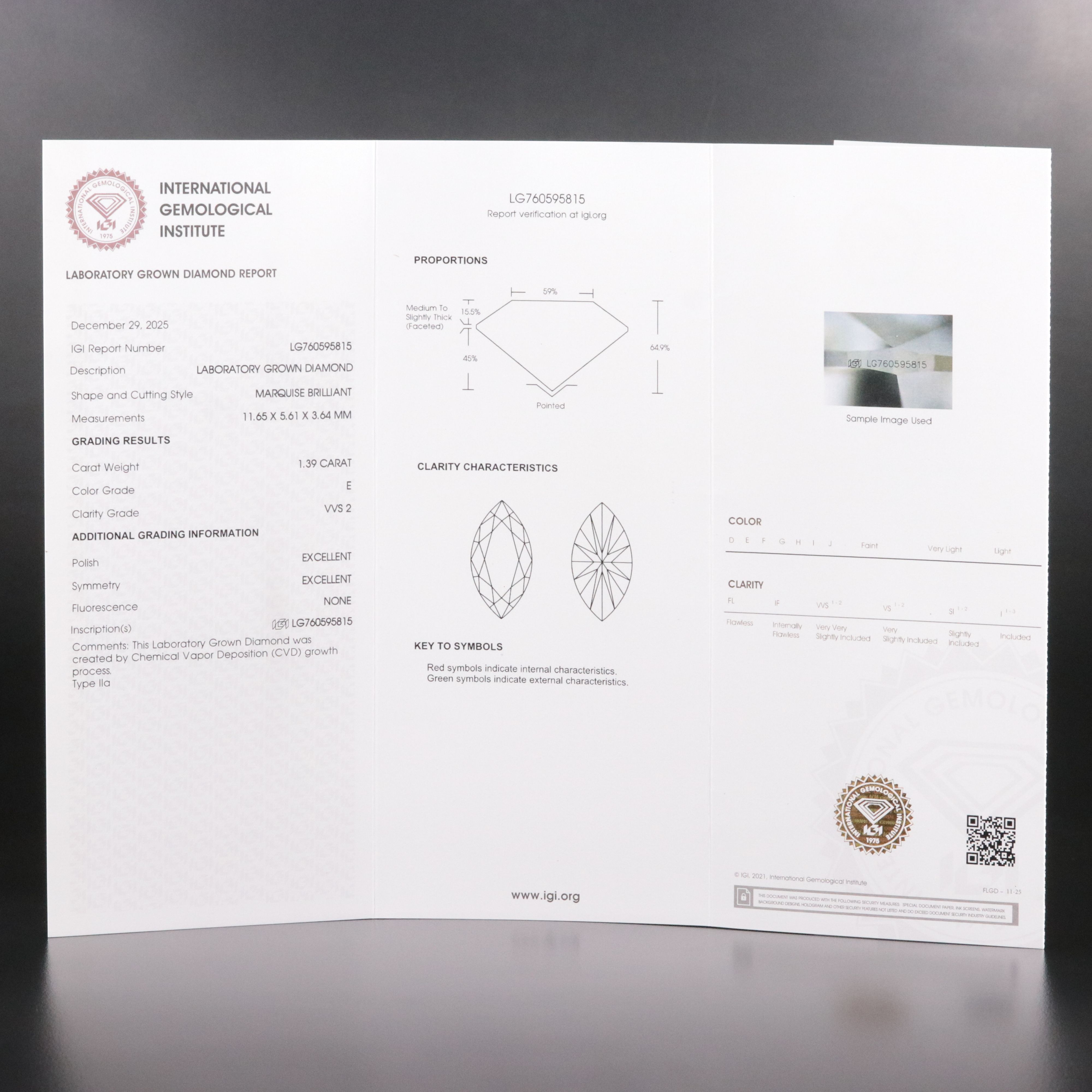 Loose 1.39 CT Lab Grown Diamond with IGI Report