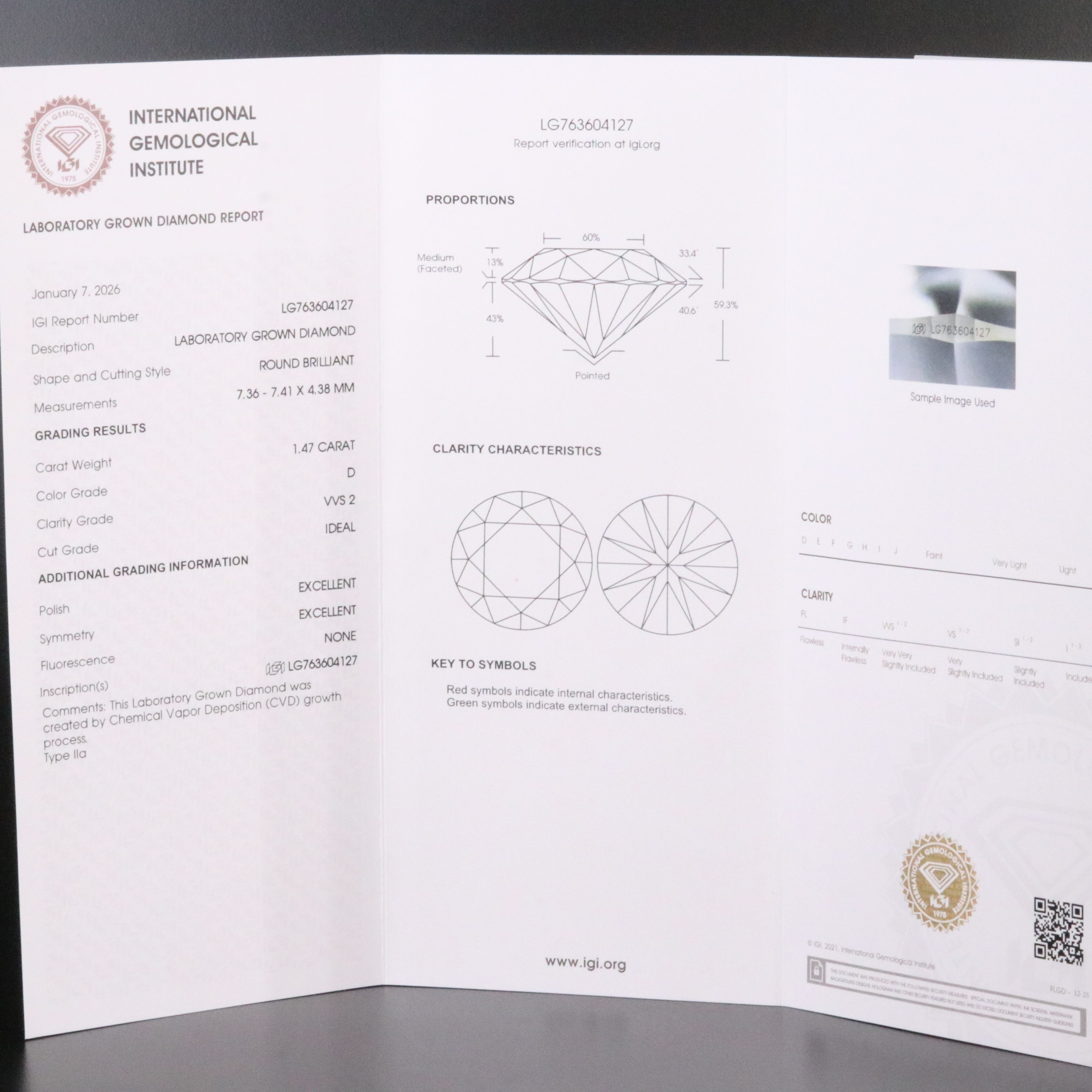 Loose 1.47 CT Lab Grown Diamond with IGI Report