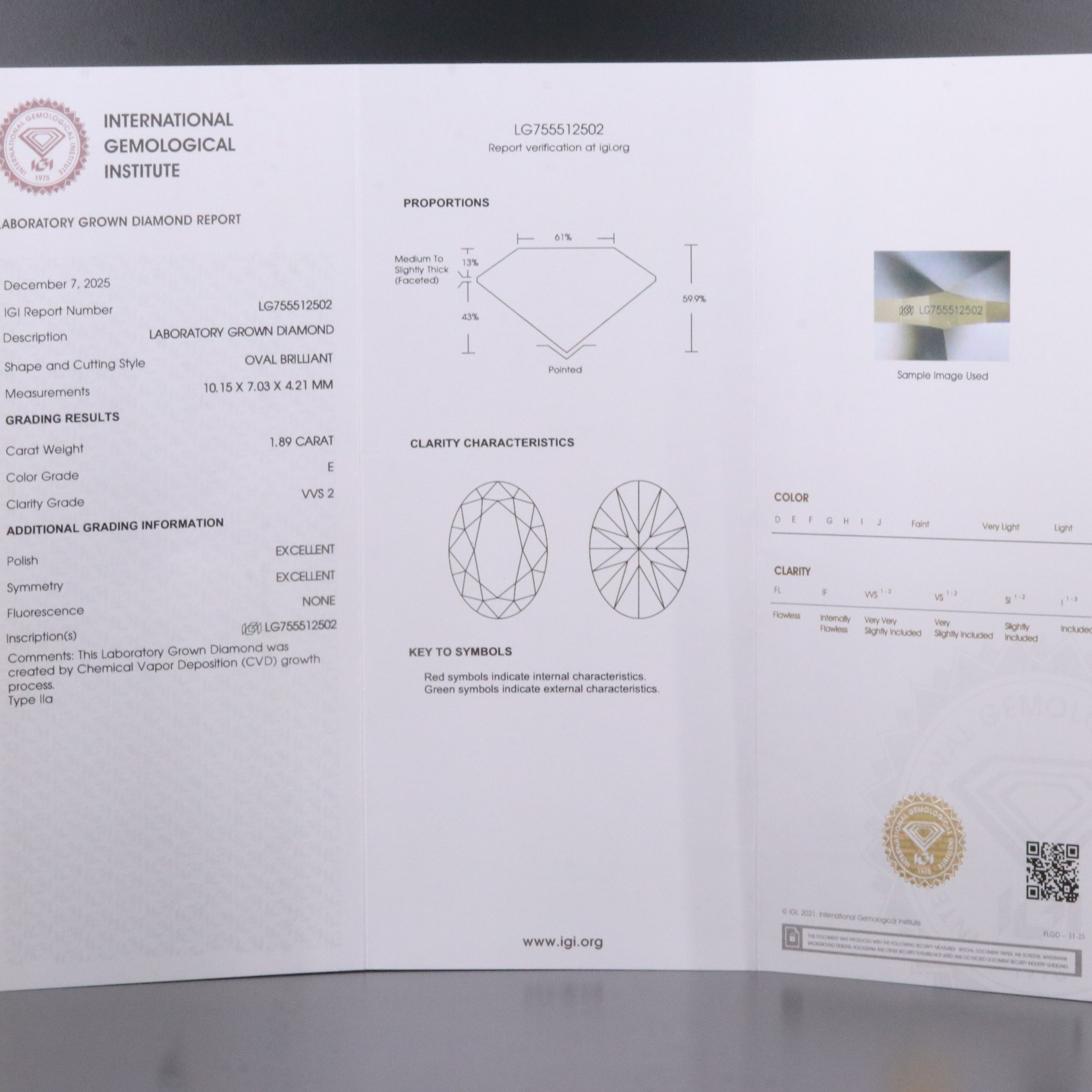 Loose 1.89 CT Lab Grown Diamond with IGI Report