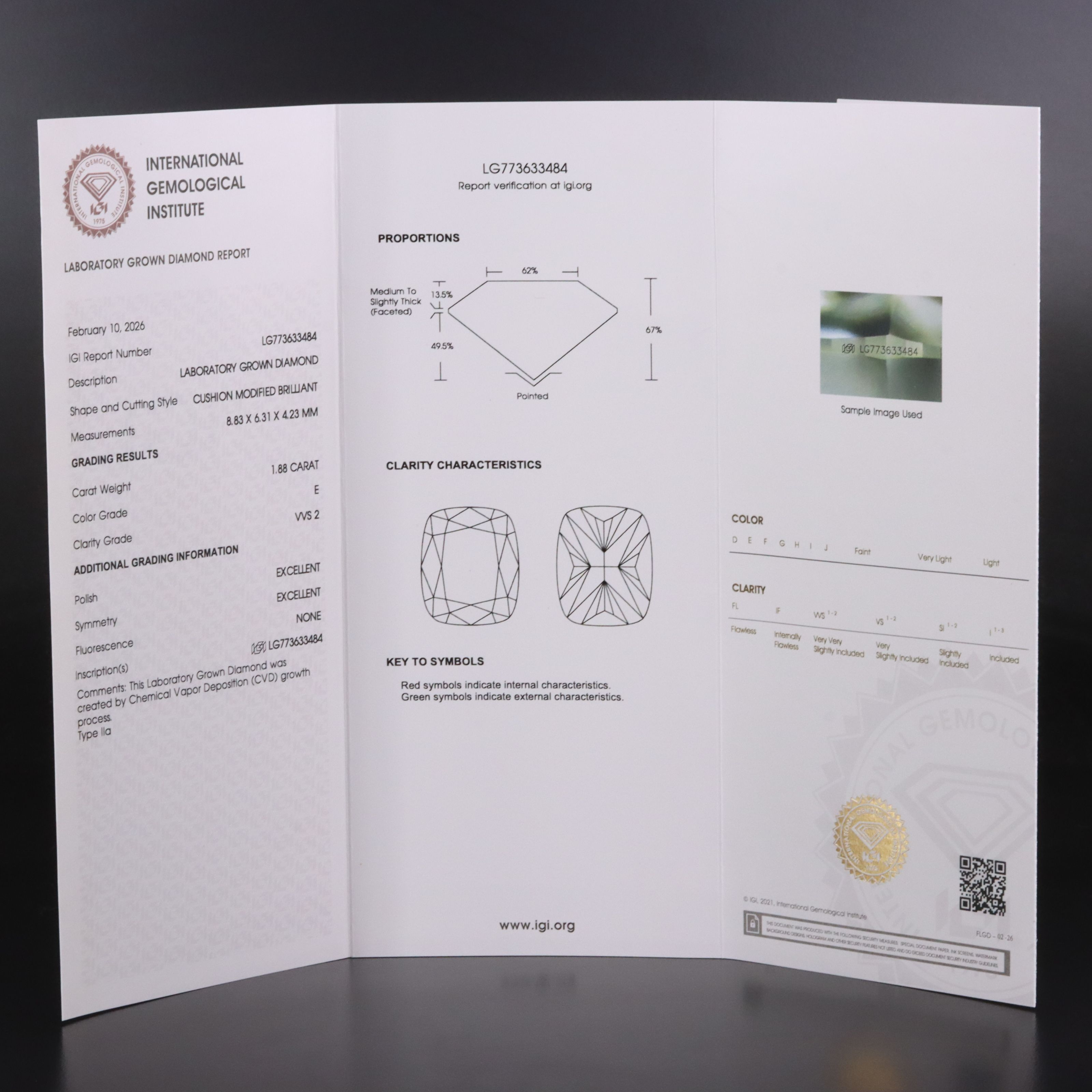 Loose 1.88 CT Lab Grown Diamond with IGI Report