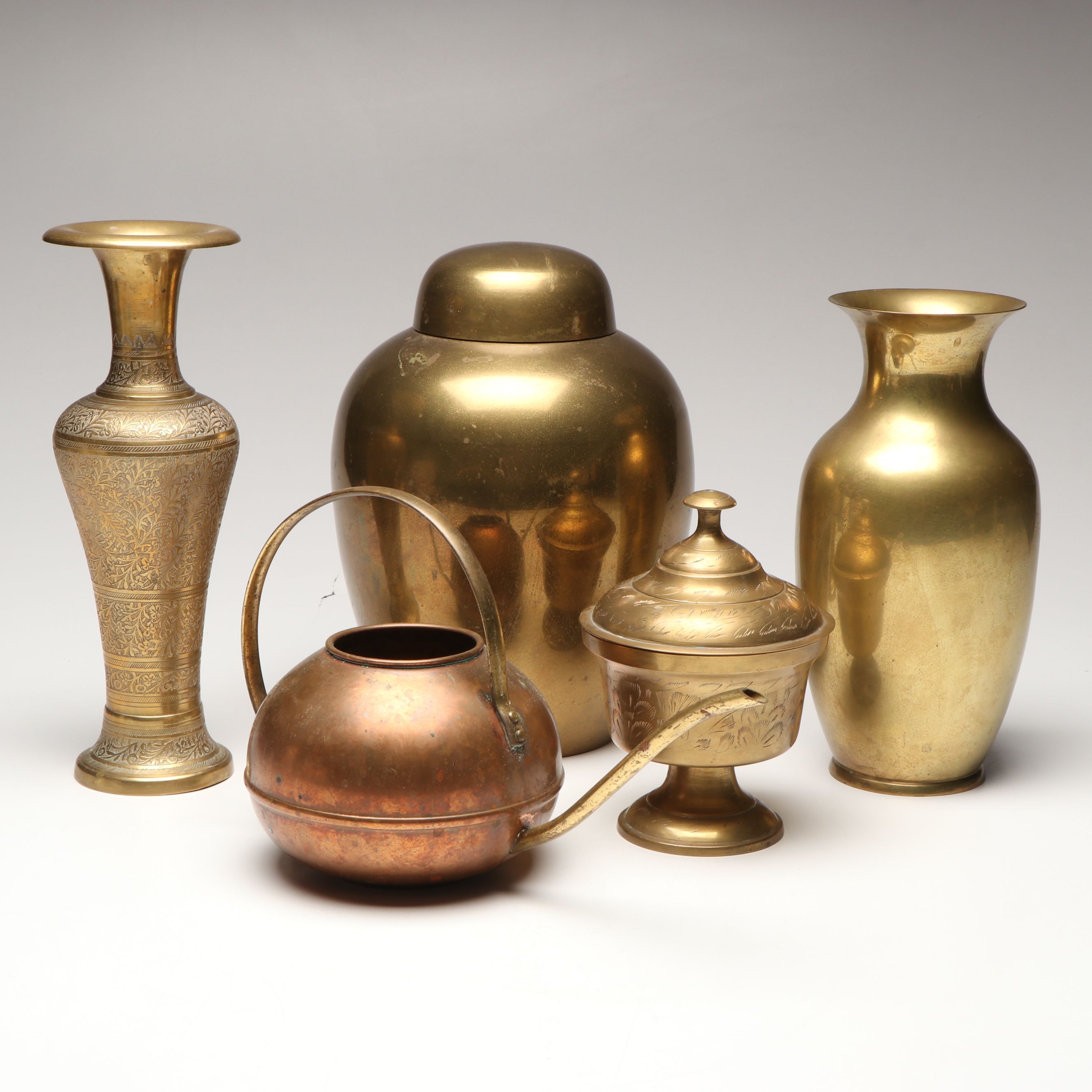 Tagus Copper Watering Can with Floral Etched Brass Vase and Other Table Décor
