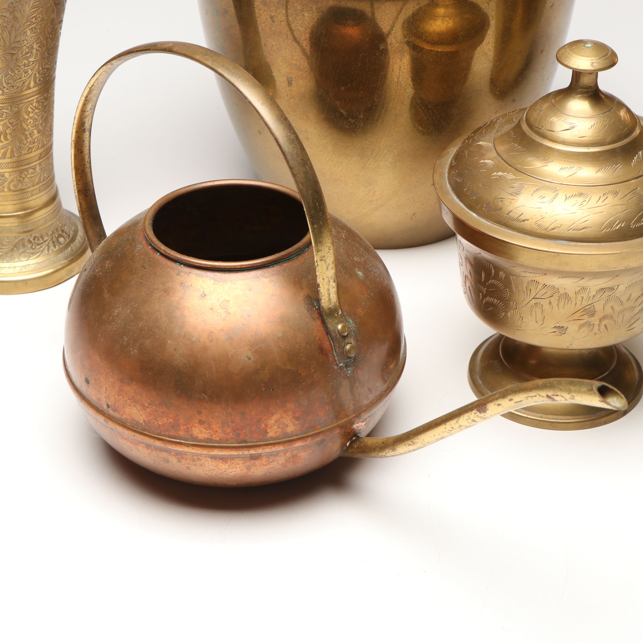 Tagus Copper Watering Can with Floral Etched Brass Vase and Other Table Décor