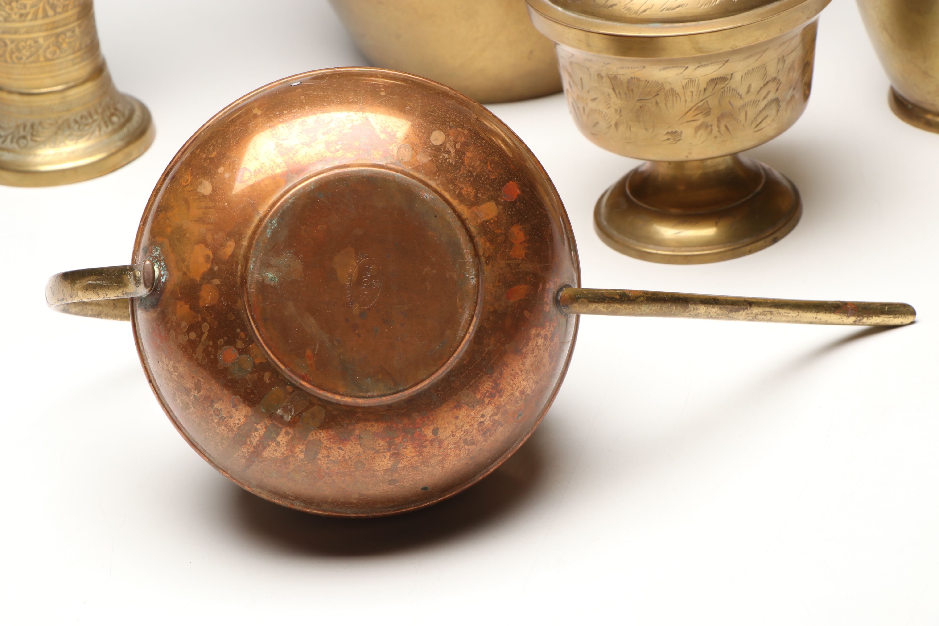 Tagus Copper Watering Can with Floral Etched Brass Vase and Other Table Décor