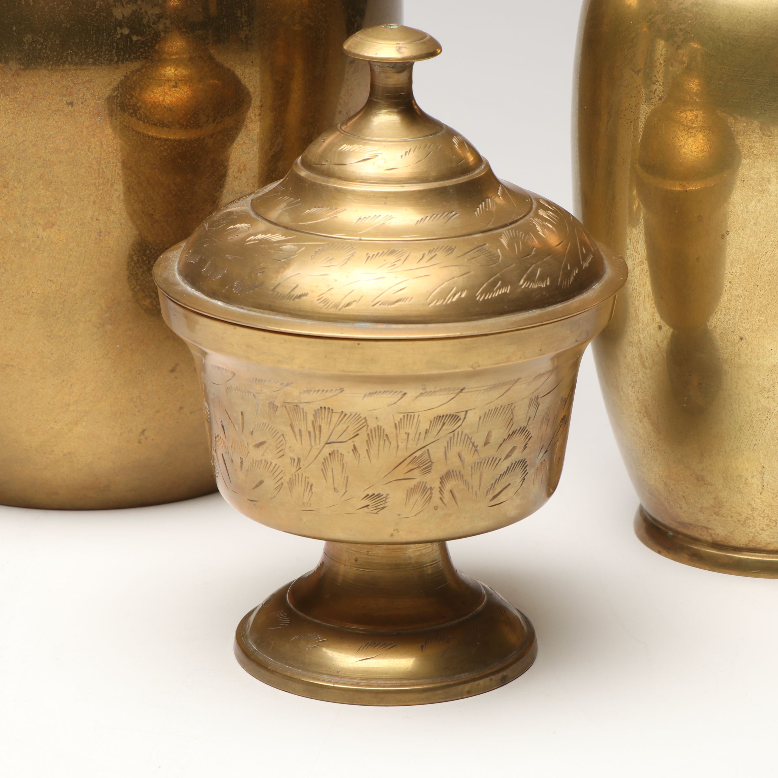 Tagus Copper Watering Can with Floral Etched Brass Vase and Other Table Décor