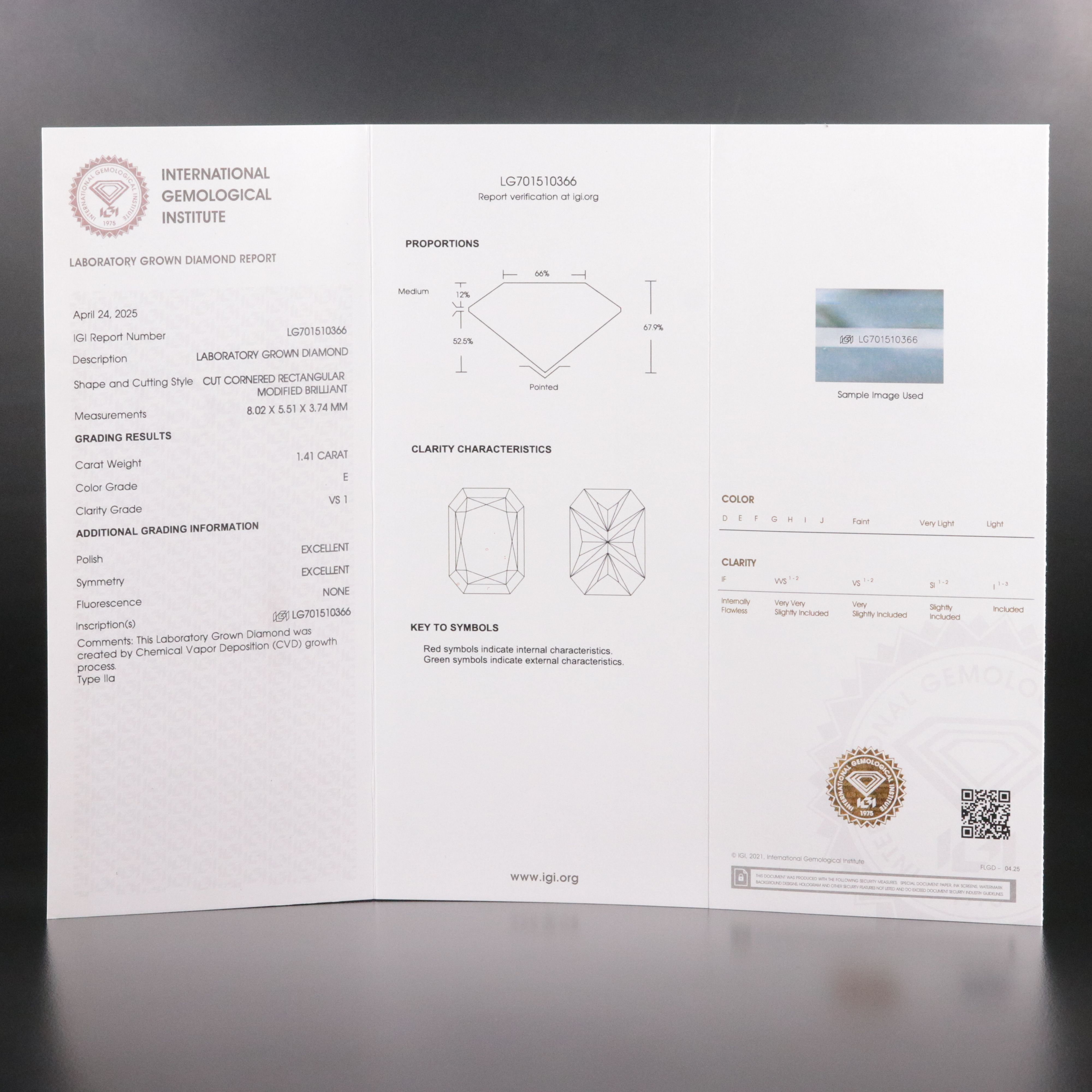 Loose 1.41 CT Lab Grown Diamond with IGI Report