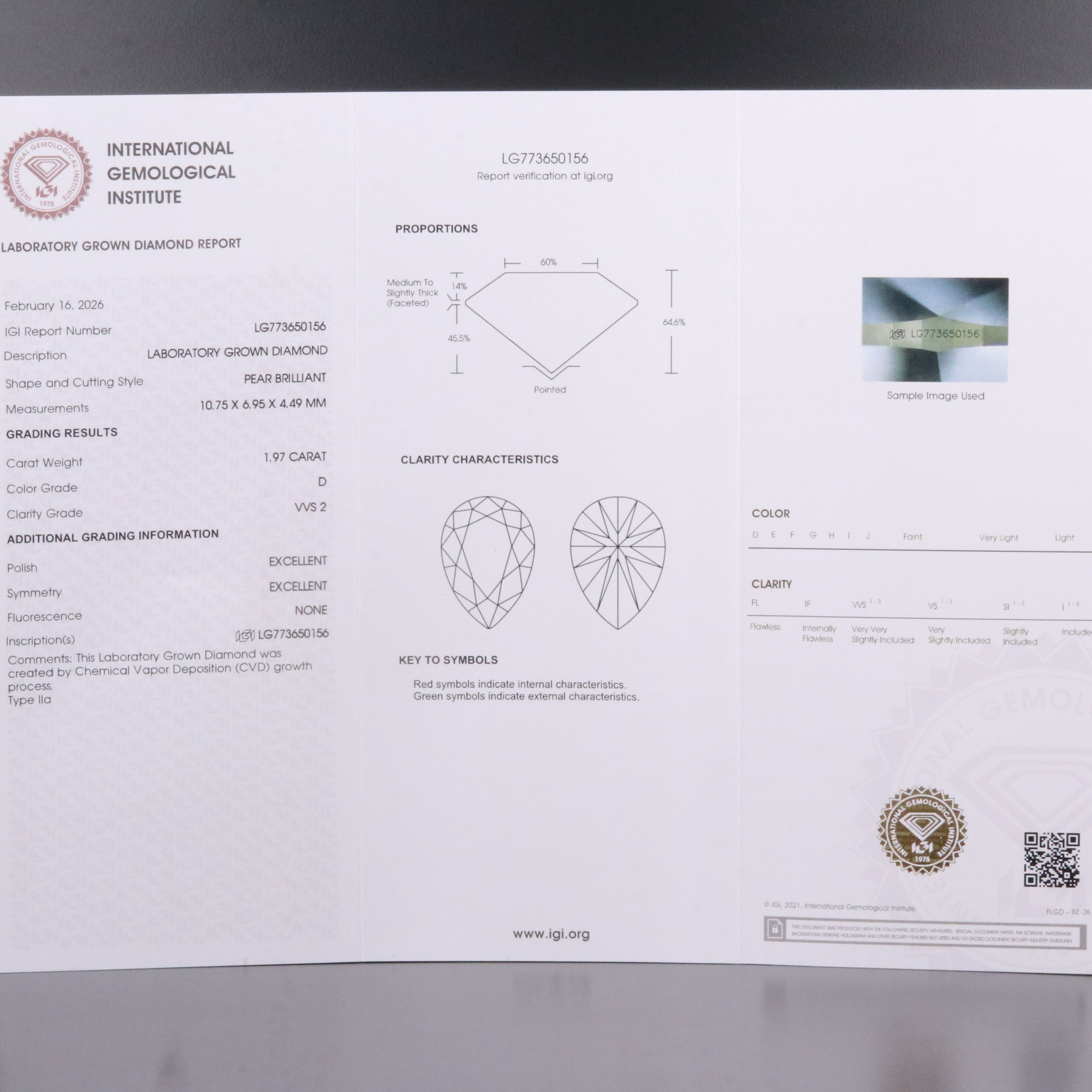 Loose 1.97 CT Lab Grown Diamond with IGI Report