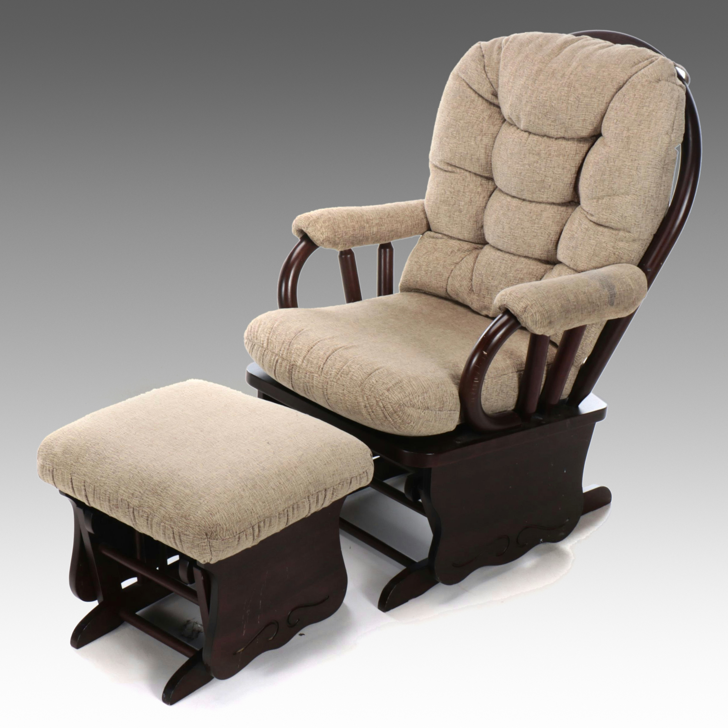 Mahogany Finish Rocking Chair and Ottoman with Green Cushions