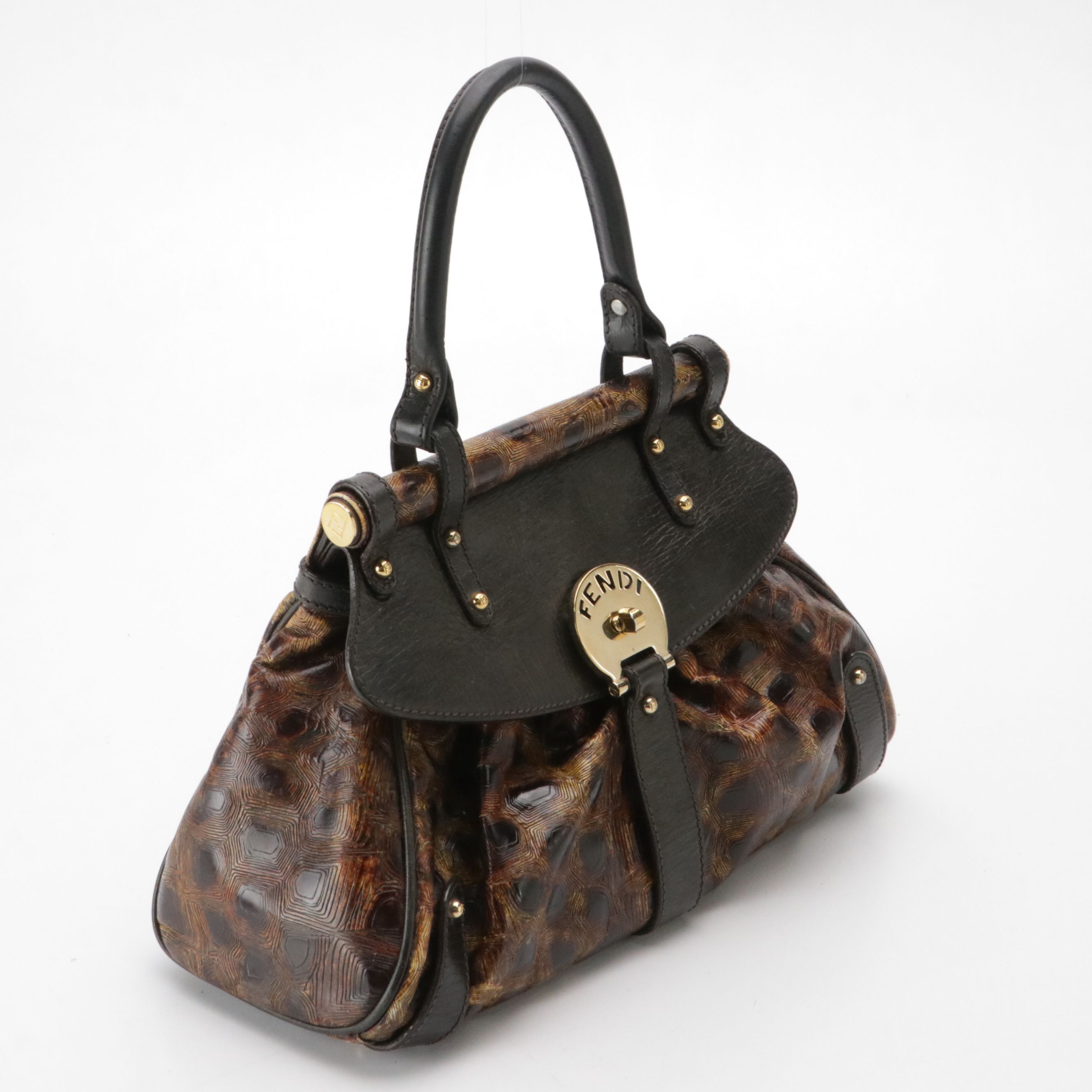 Fendi Magic Top Handle Bag in Shiny Tortuga and Brown Grained Leather