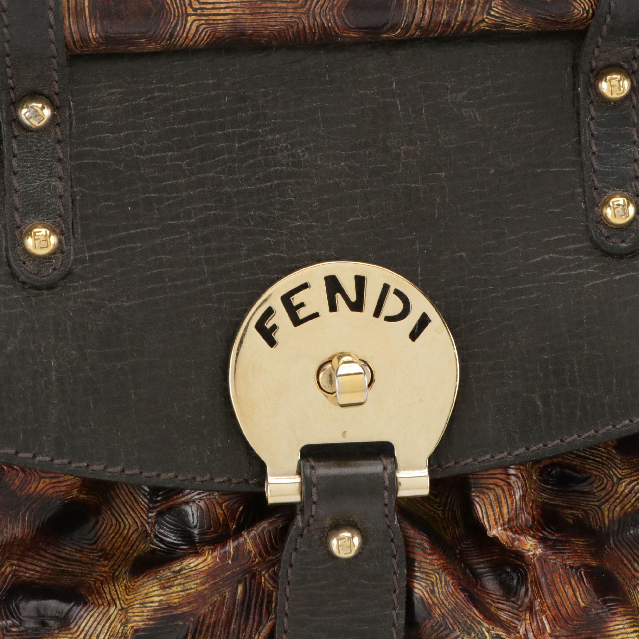 Fendi Magic Top Handle Bag in Shiny Tortuga and Brown Grained Leather