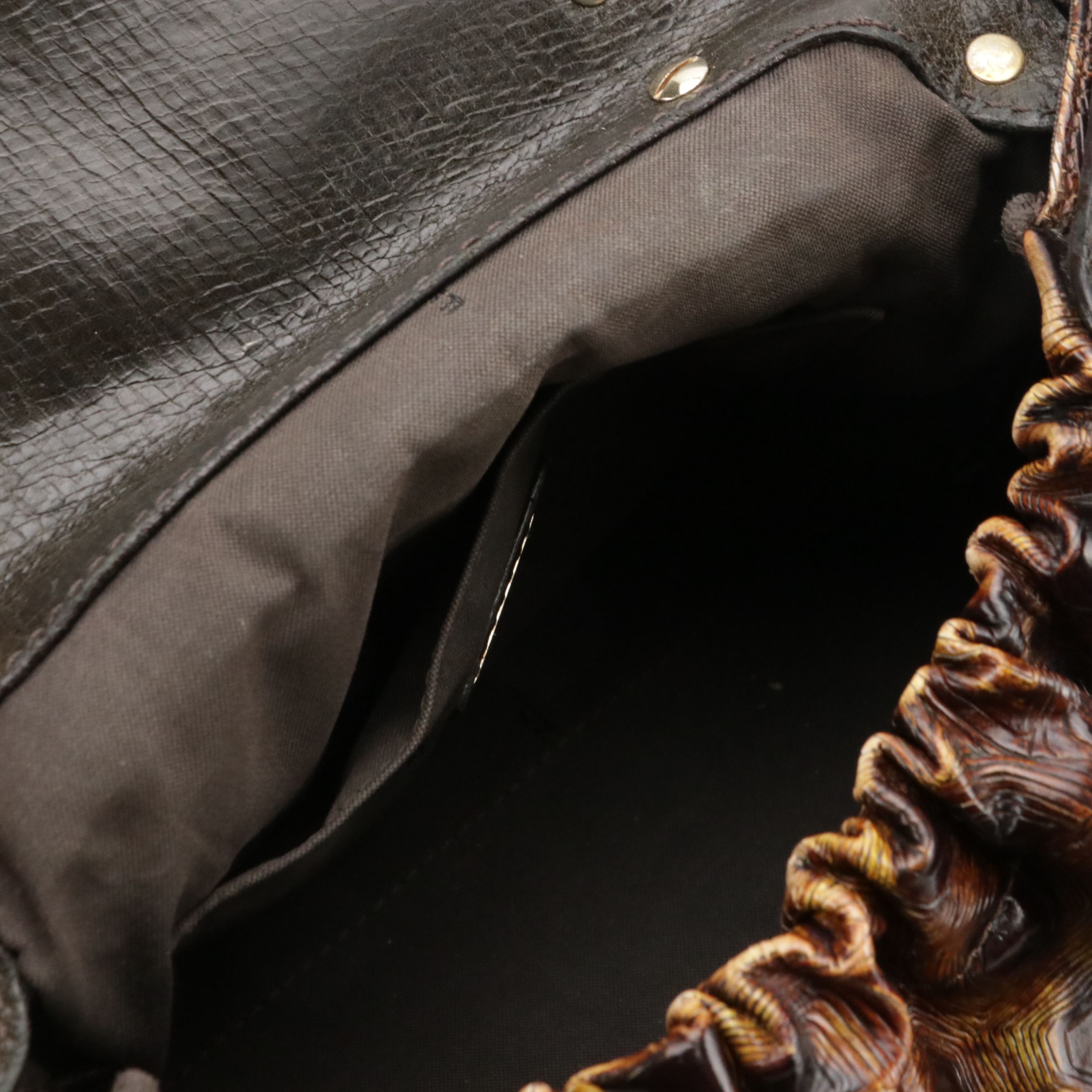 Fendi Magic Top Handle Bag in Shiny Tortuga and Brown Grained Leather