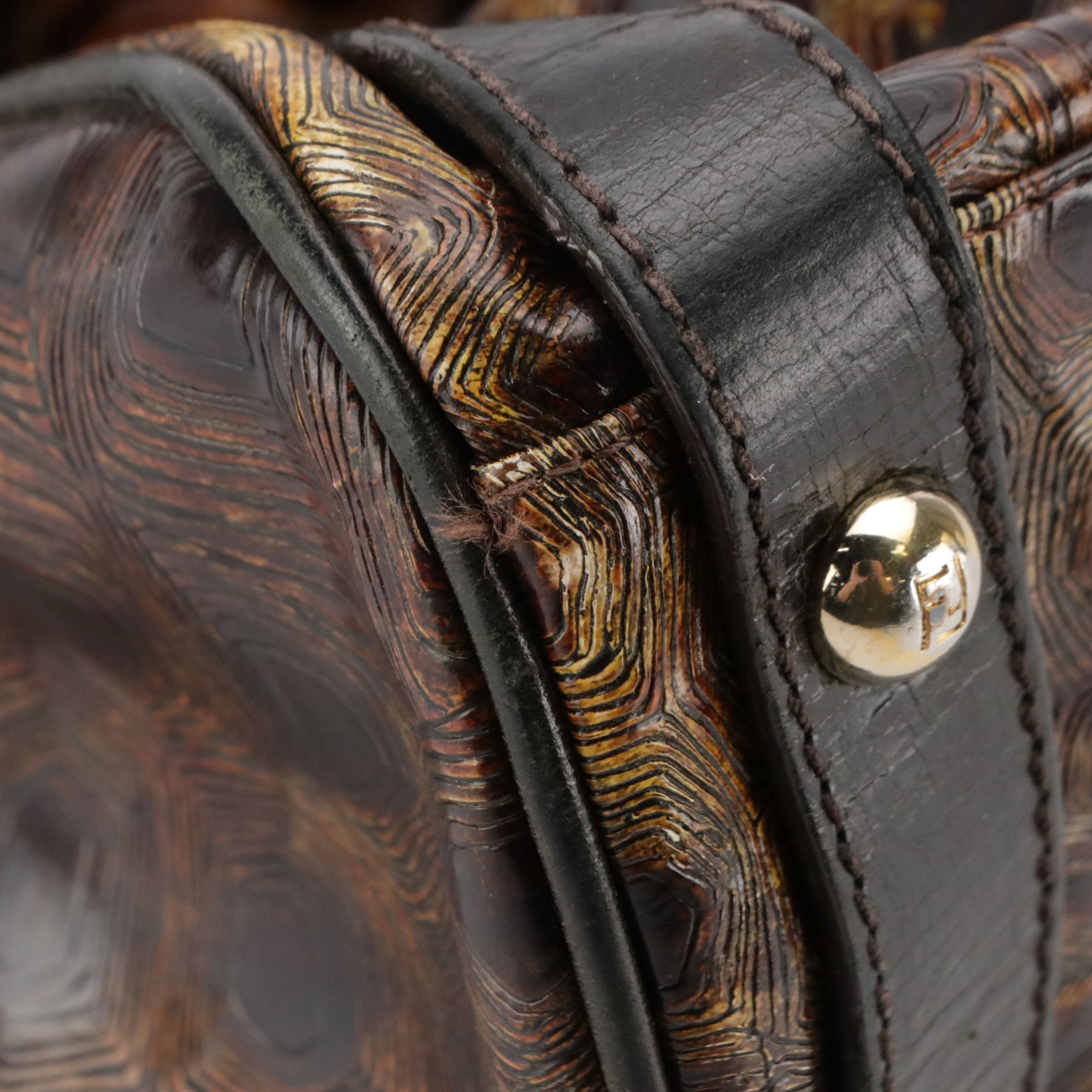 Fendi Magic Top Handle Bag in Shiny Tortuga and Brown Grained Leather