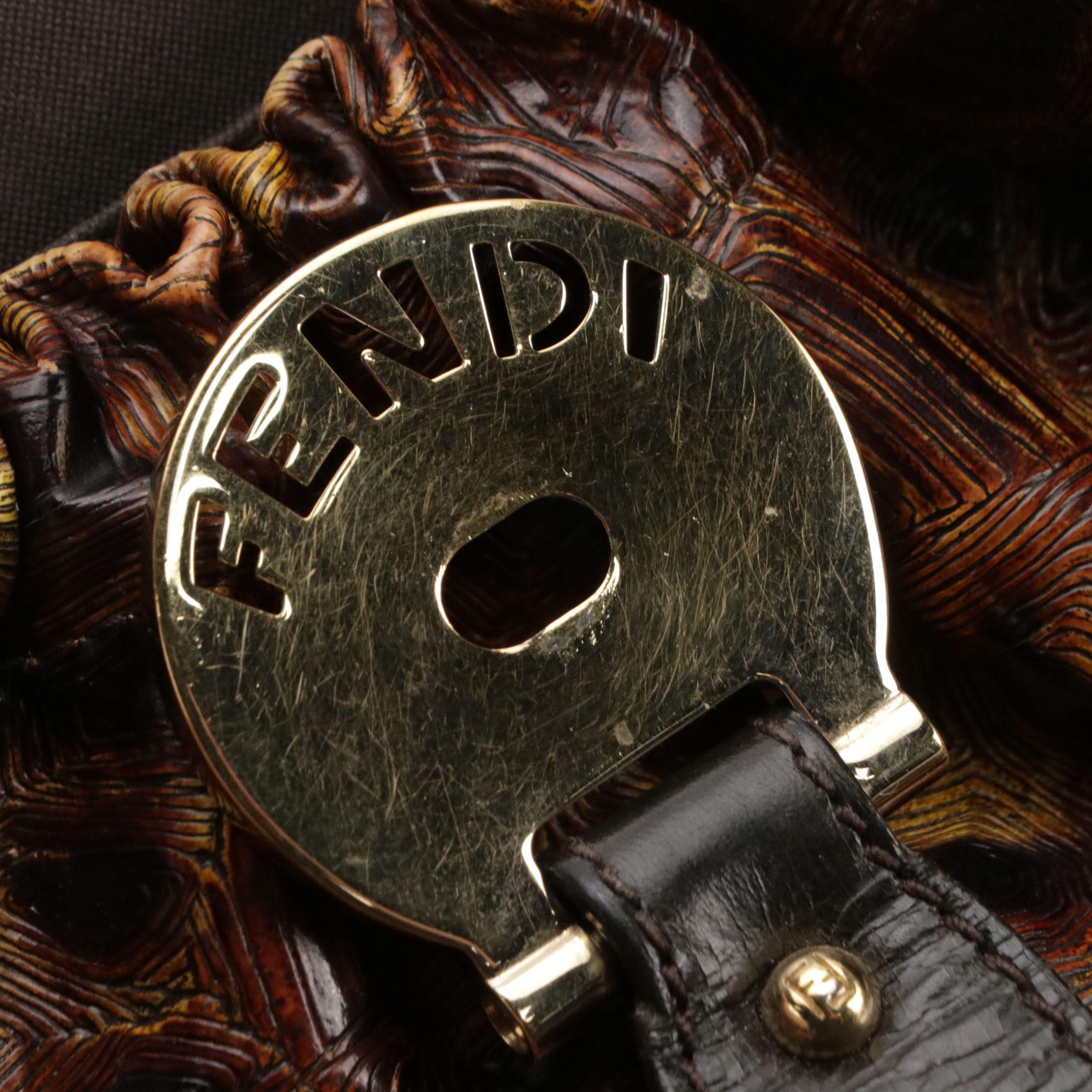 Fendi Magic Top Handle Bag in Shiny Tortuga and Brown Grained Leather