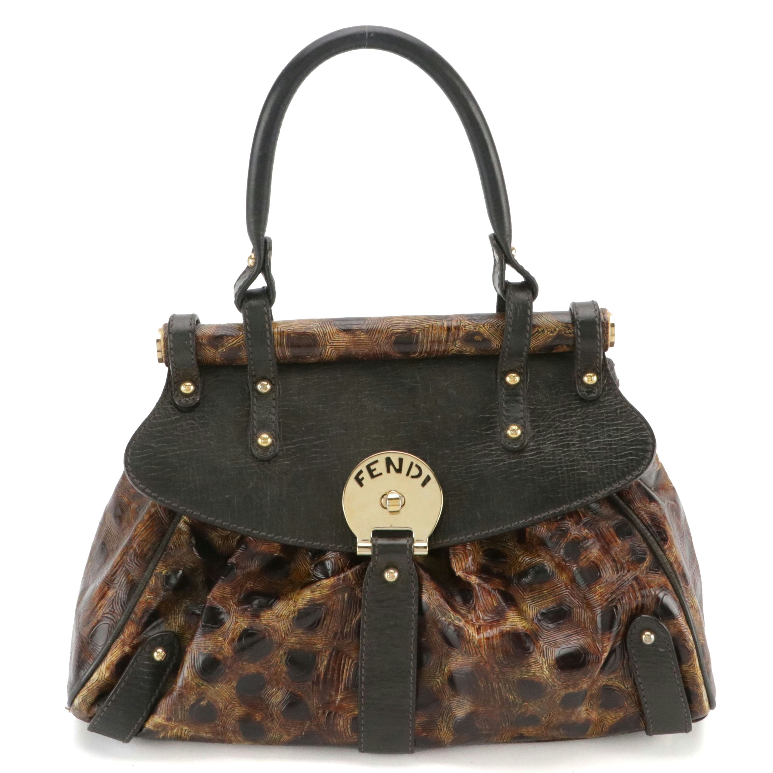 Fendi Magic Top Handle Bag in Shiny Tortuga and Brown Grained Leather