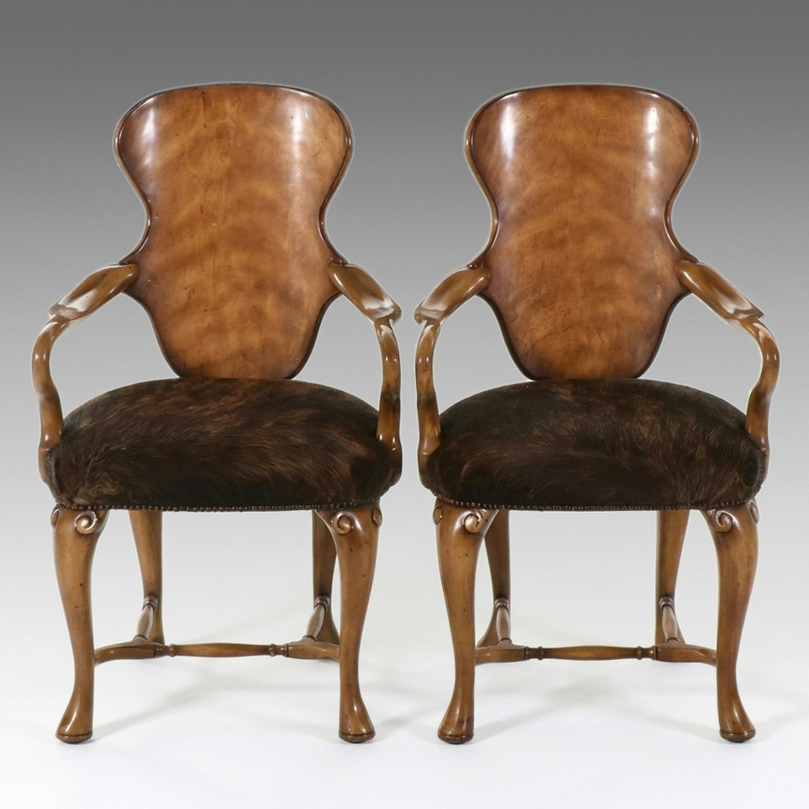 Pair of Biedermeier Style Burl Walnut and Hide Upholstered Armchairs