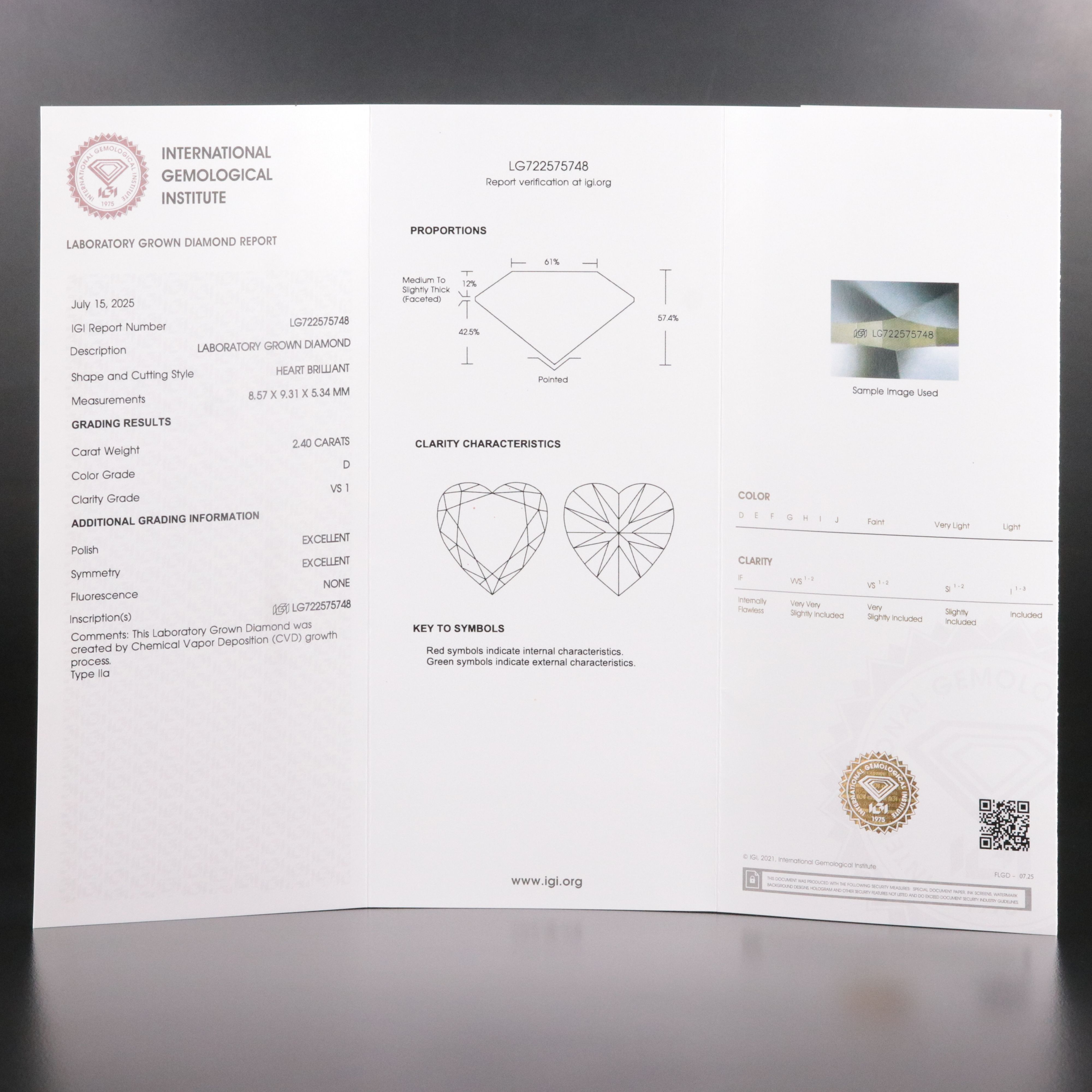 Loose 2.40 CT Lab Grown Diamond with IGI Report