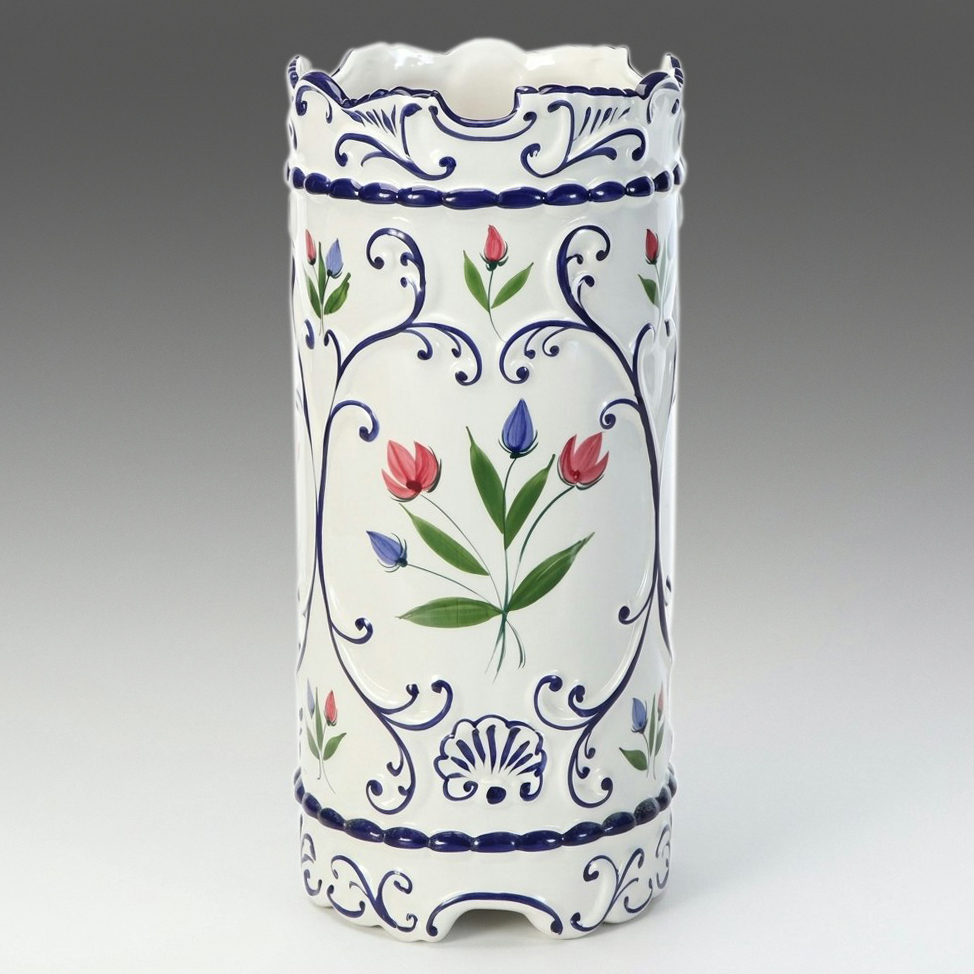 Portuguese Hand-Painted Floral Ceramic Umbrella Stand