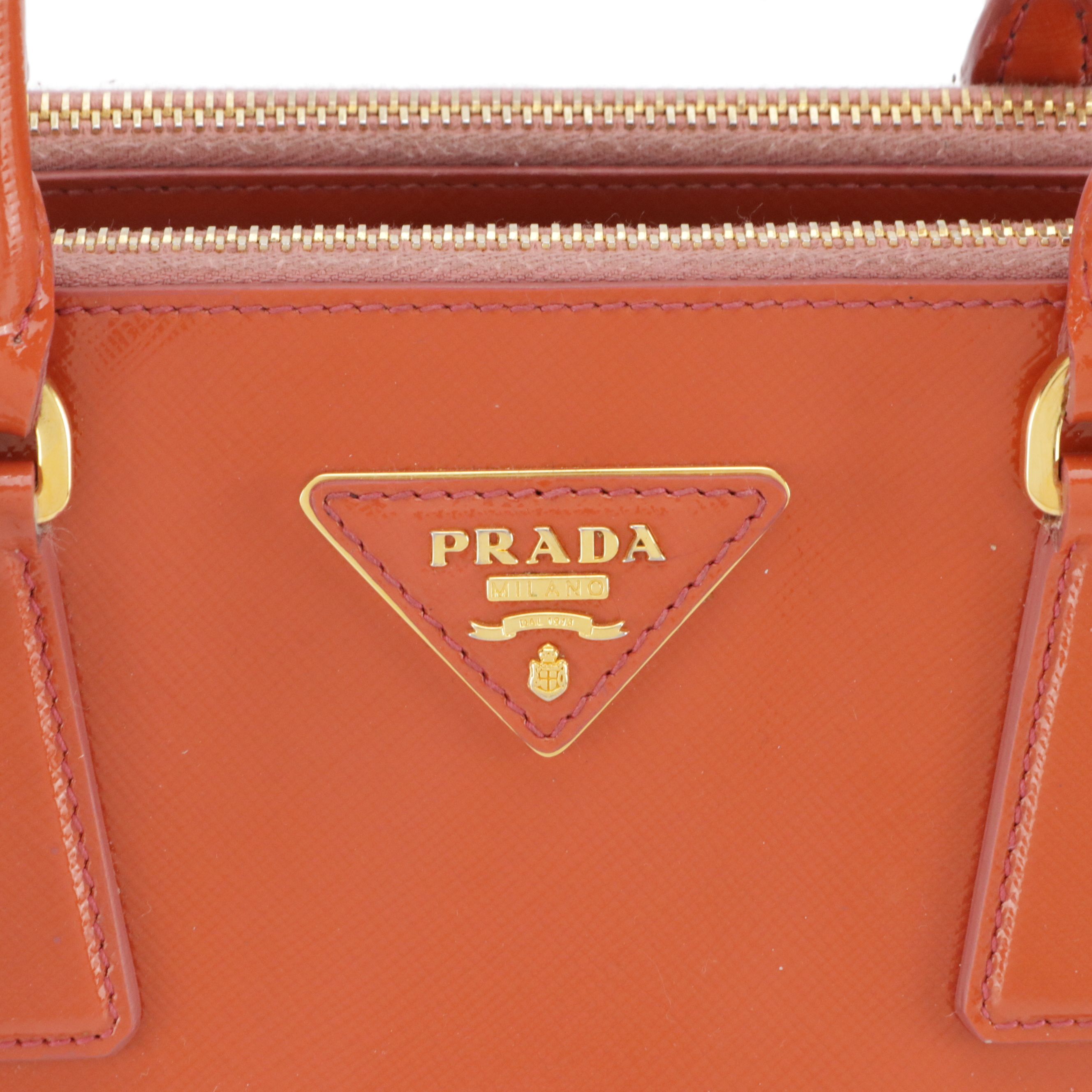 Prada Small Double Zip Galleria Two-Way Bag in Orange Patent Saffiano Leather