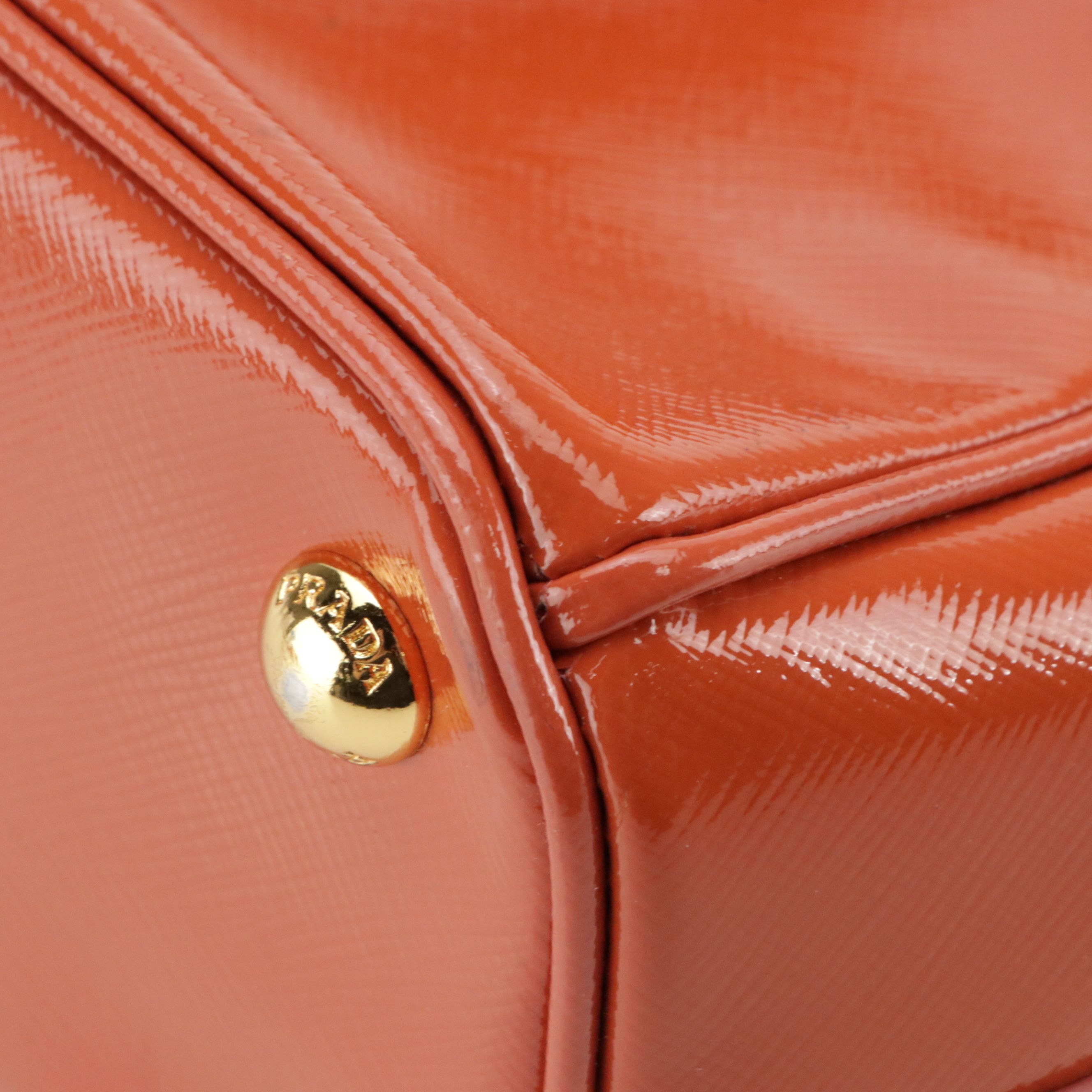 Prada Small Double Zip Galleria Two-Way Bag in Orange Patent Saffiano Leather
