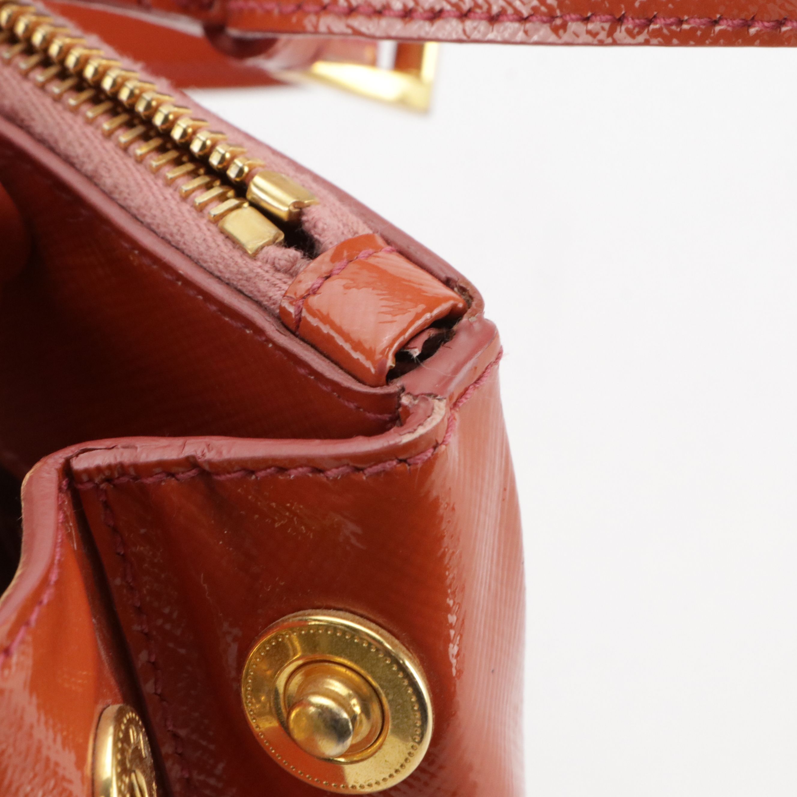 Prada Small Double Zip Galleria Two-Way Bag in Orange Patent Saffiano Leather