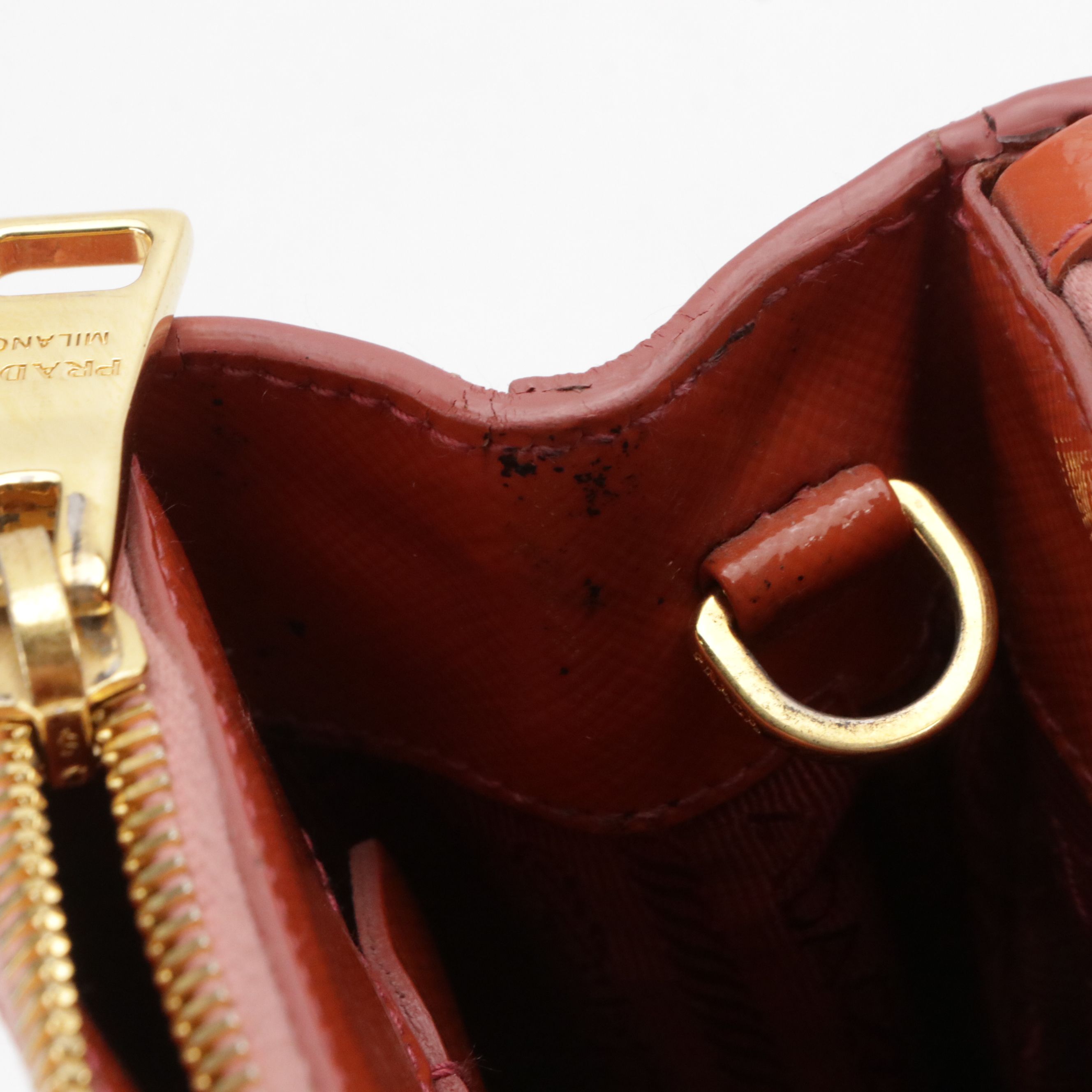 Prada Small Double Zip Galleria Two-Way Bag in Orange Patent Saffiano Leather