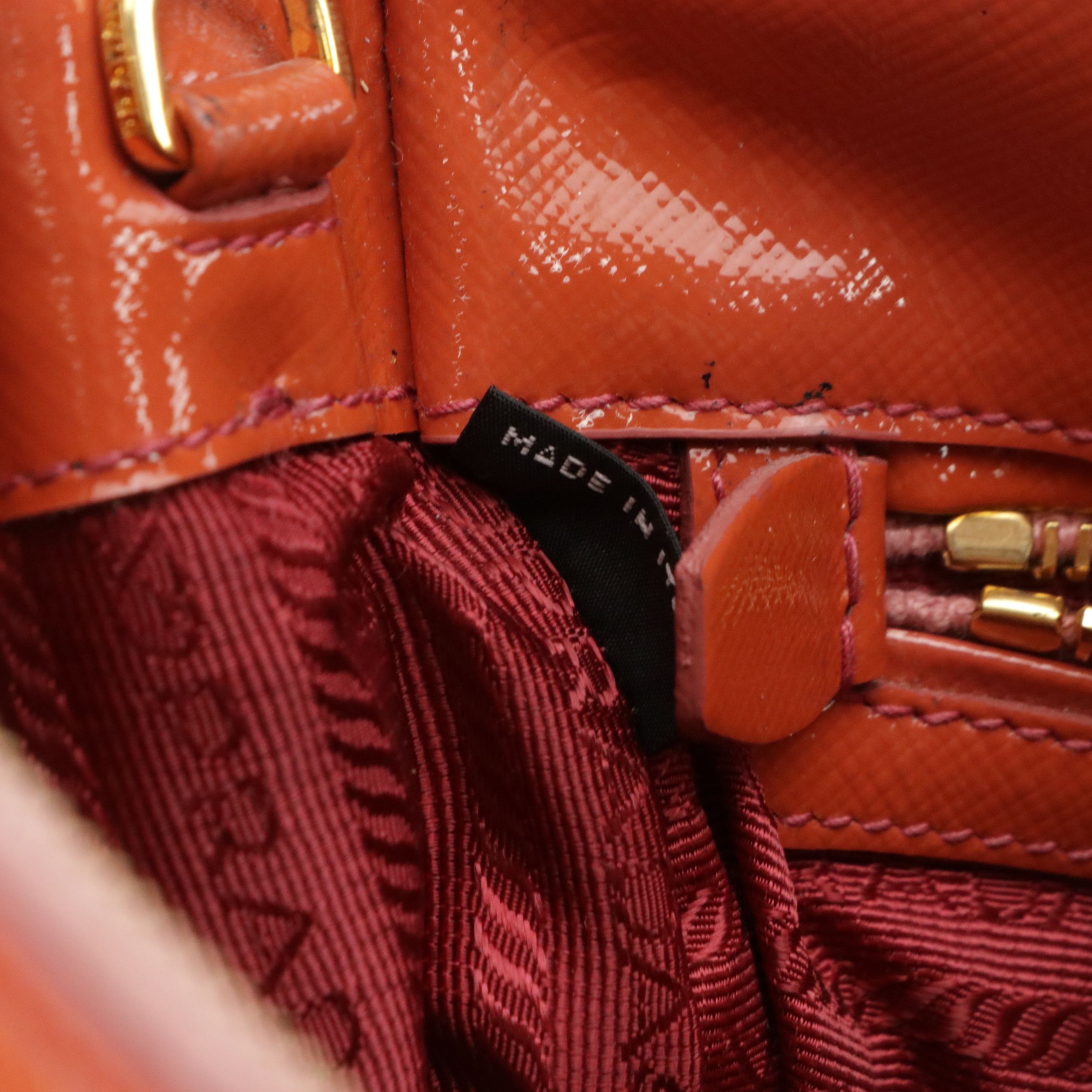 Prada Small Double Zip Galleria Two-Way Bag in Orange Patent Saffiano Leather