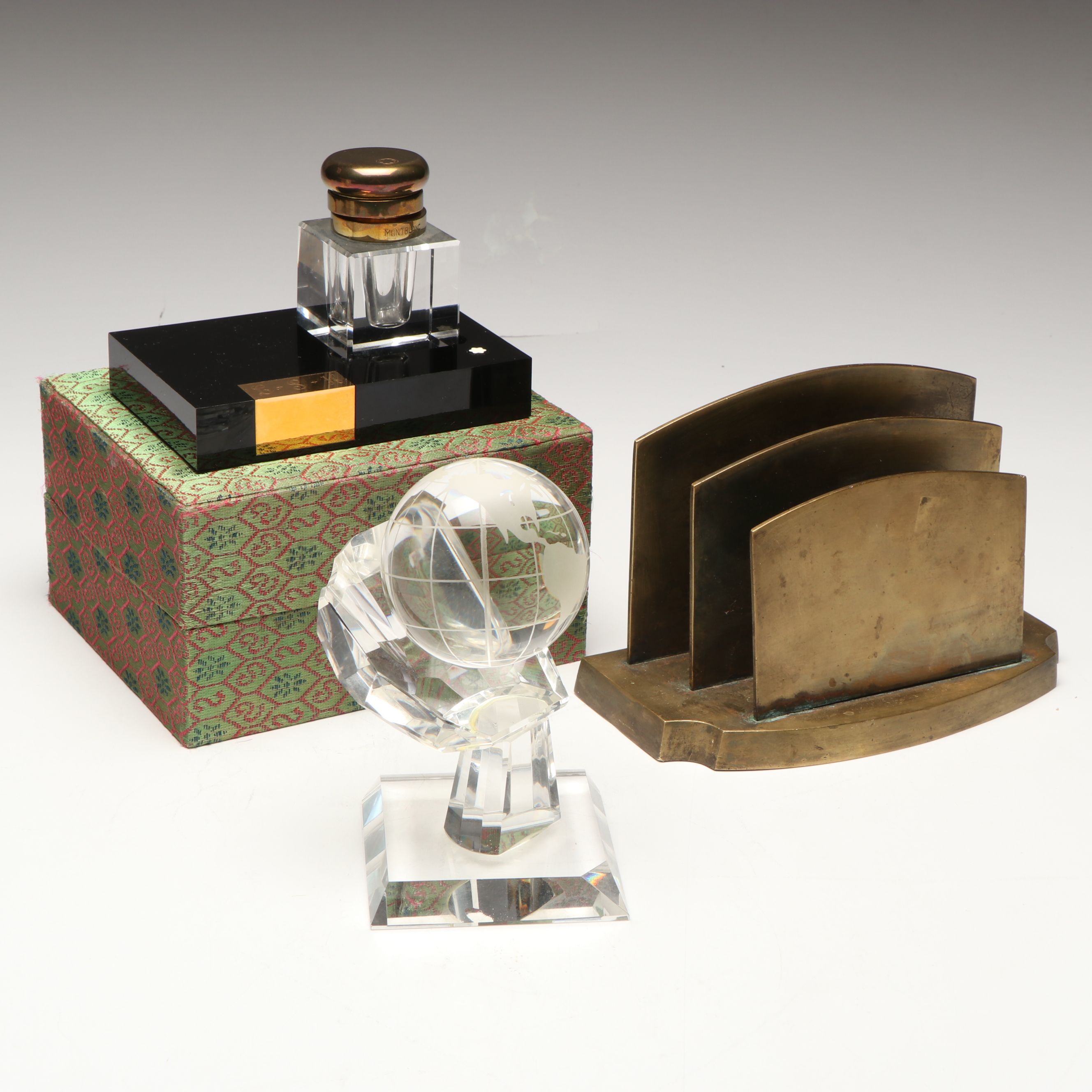 Montblanc Crystal Inkwell, Brass Letter Holder, and Crystal Globe with Stand