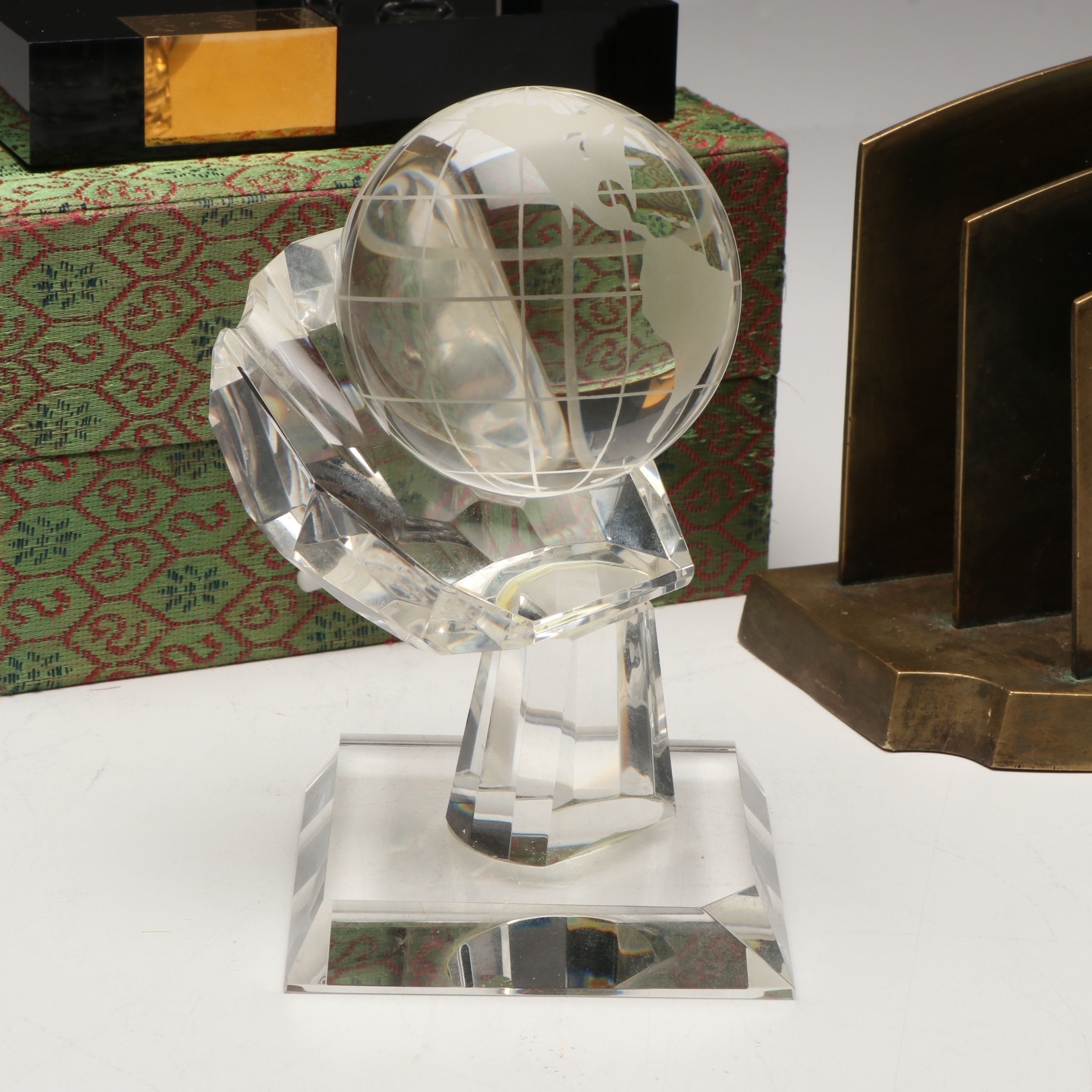 Montblanc Crystal Inkwell, Brass Letter Holder, and Crystal Globe with Stand