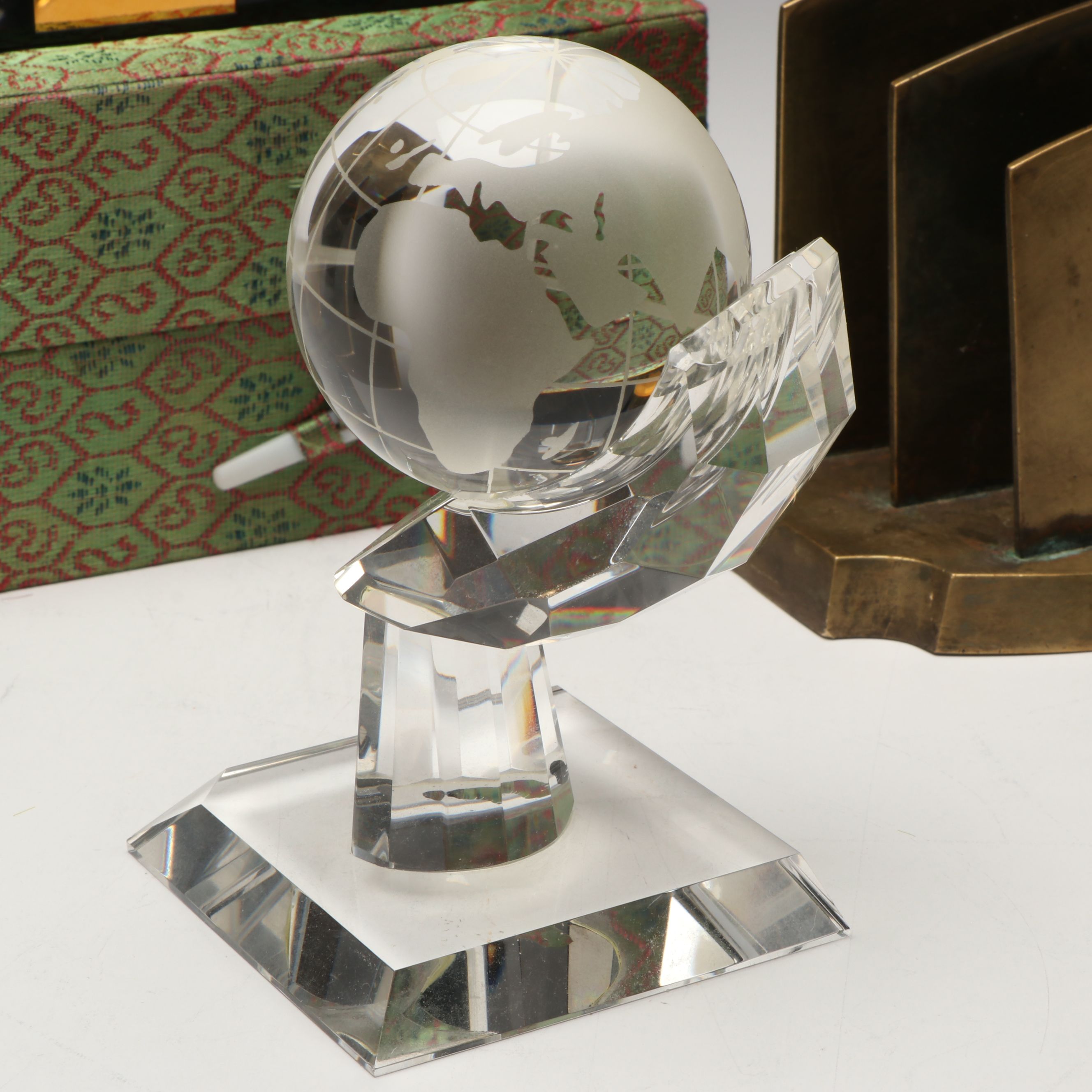 Montblanc Crystal Inkwell, Brass Letter Holder, and Crystal Globe with Stand