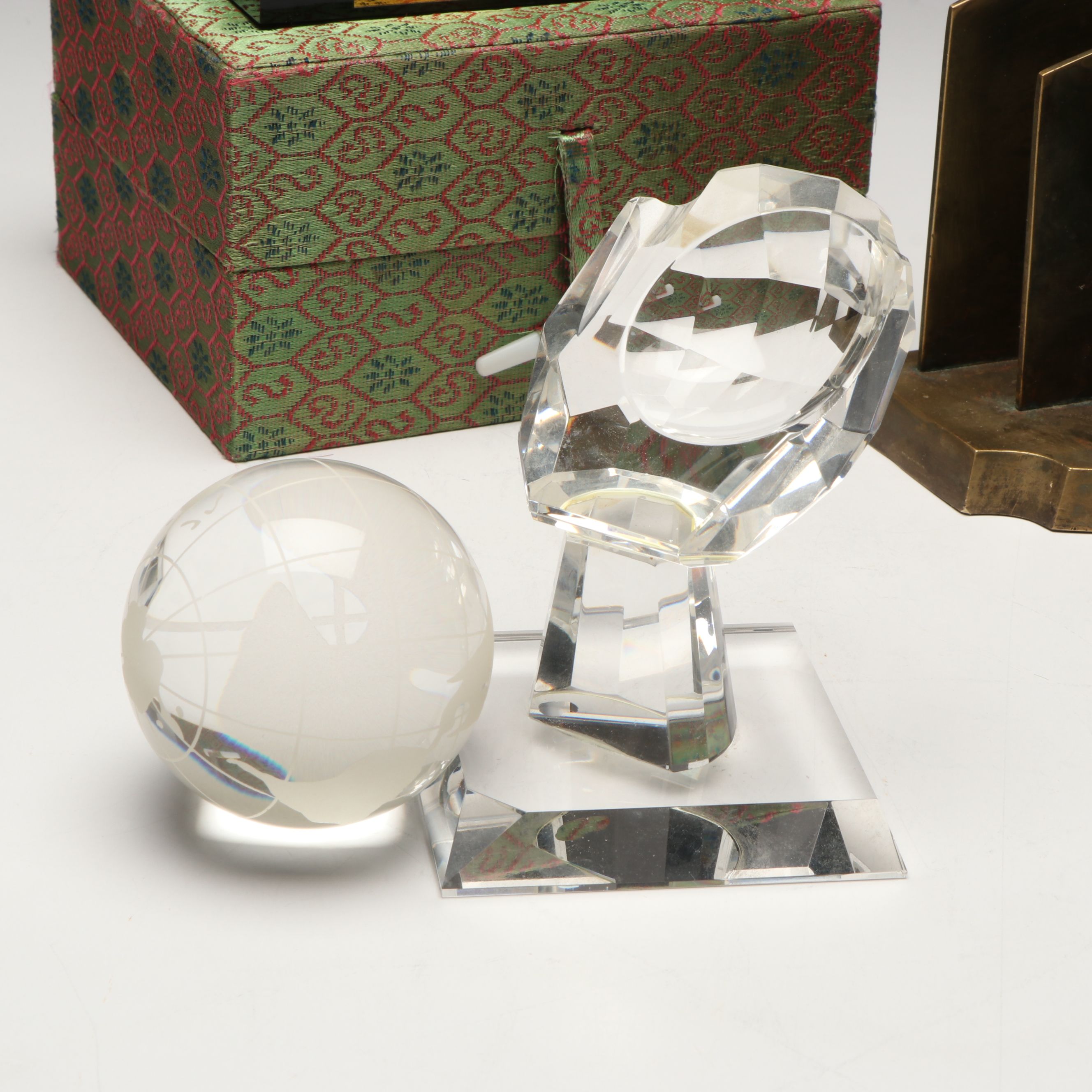 Montblanc Crystal Inkwell, Brass Letter Holder, and Crystal Globe with Stand