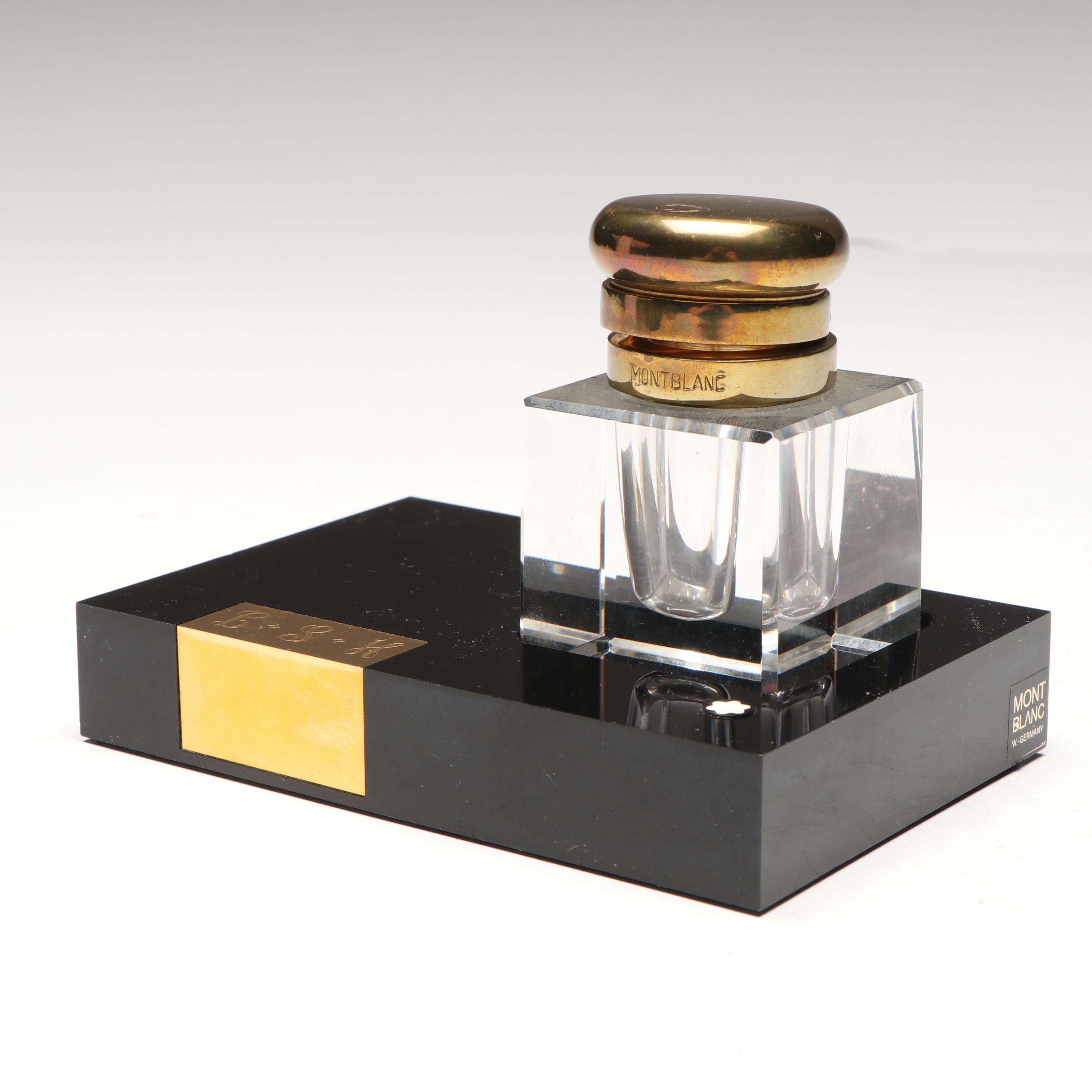 Montblanc Crystal Inkwell, Brass Letter Holder, and Crystal Globe with Stand