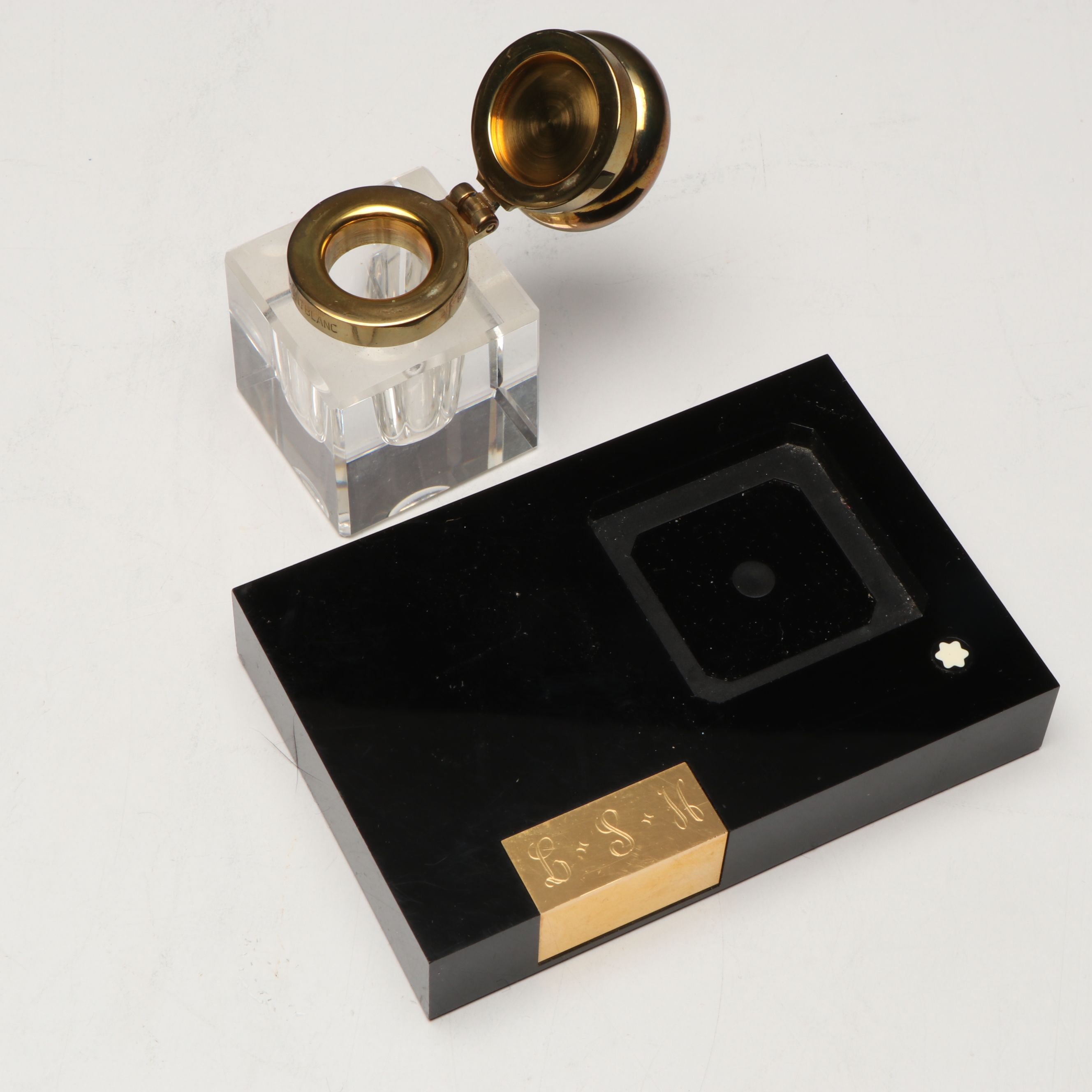 Montblanc Crystal Inkwell, Brass Letter Holder, and Crystal Globe with Stand