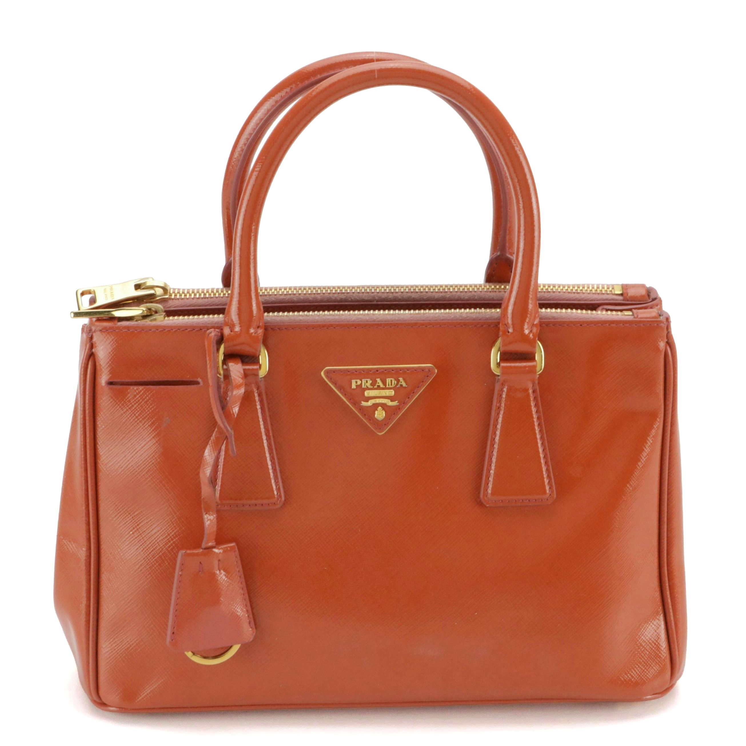 Prada Small Double Zip Galleria Two-Way Bag in Orange Patent Saffiano Leather