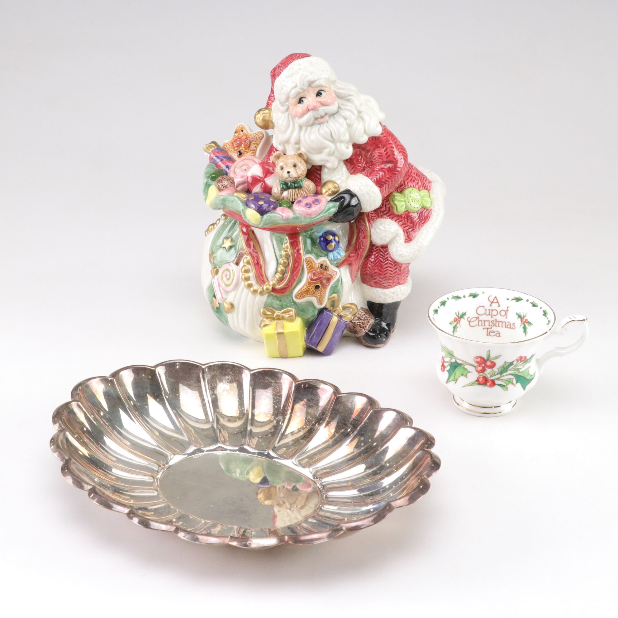 Fitz & Floyd Sugar Plum Santa Claus Cookie Jar, Sheffield Silver Plate & More