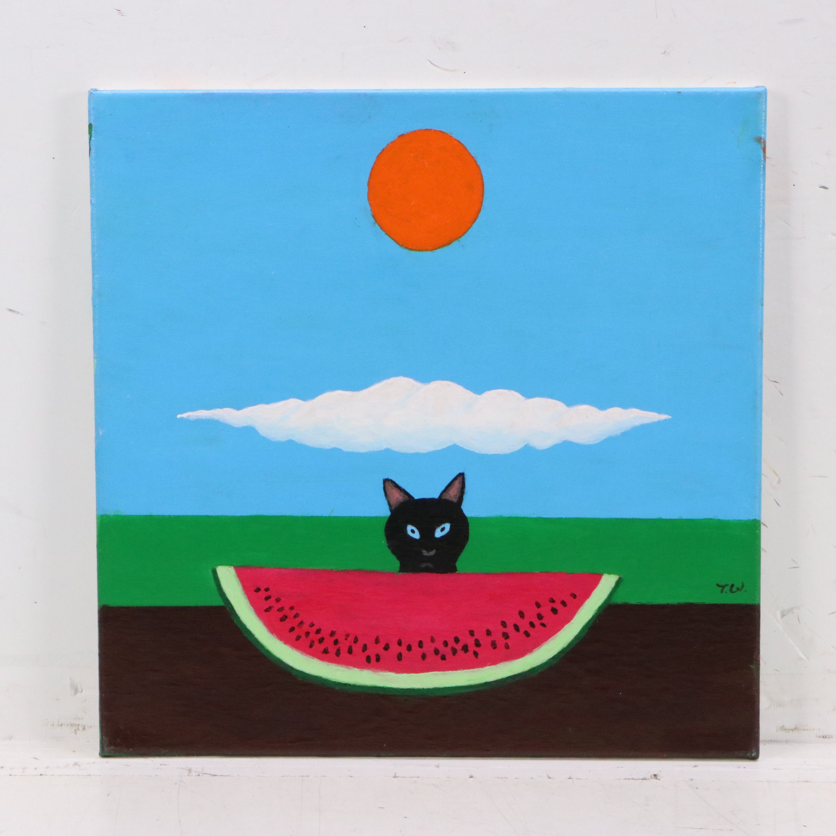 James Thomas Watkins Surrealist Style Landscape of Cat with Watermelon and More