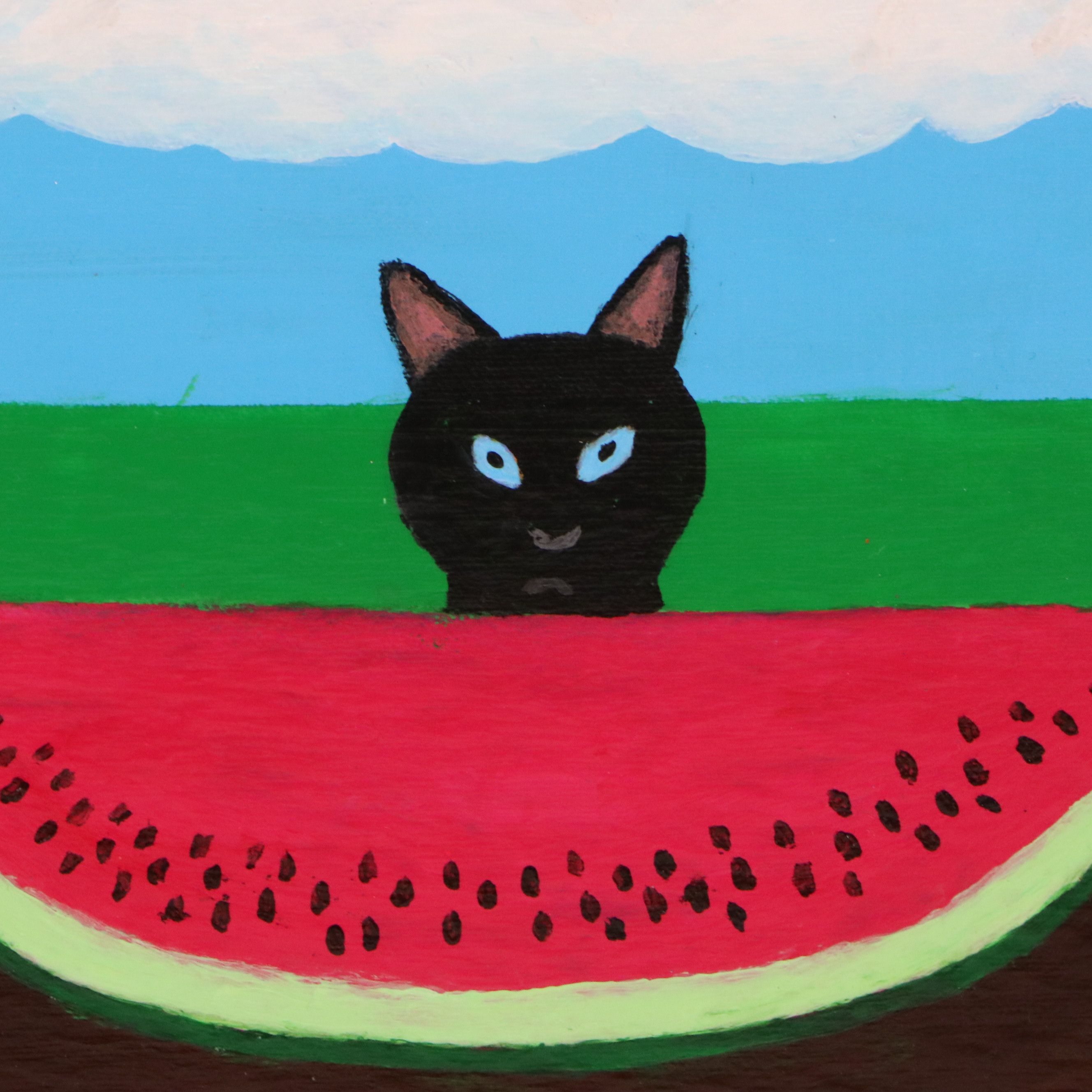 James Thomas Watkins Surrealist Style Landscape of Cat with Watermelon and More