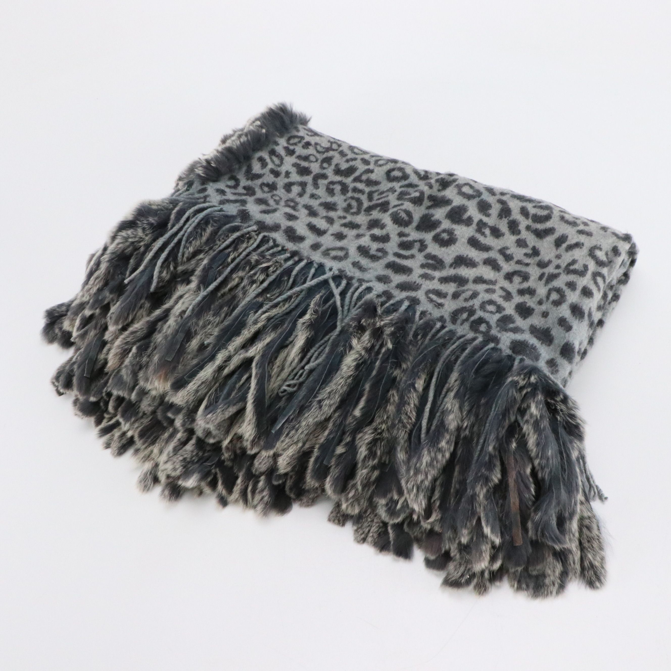 Belle Fare Leopard and Paisley Print Cashmere Fringe Scarf with Rabbit Fur Trim