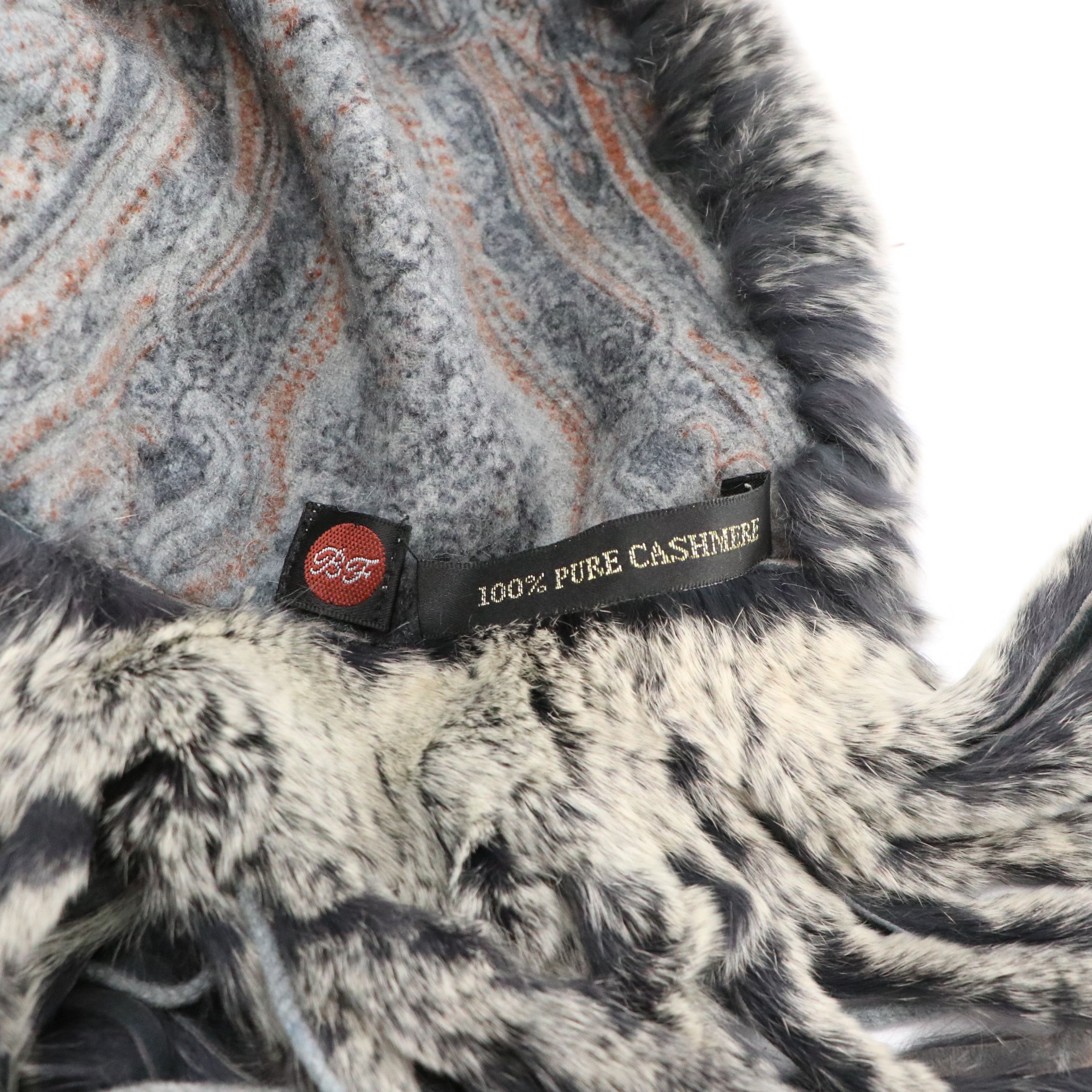 Belle Fare Leopard and Paisley Print Cashmere Fringe Scarf with Rabbit Fur Trim