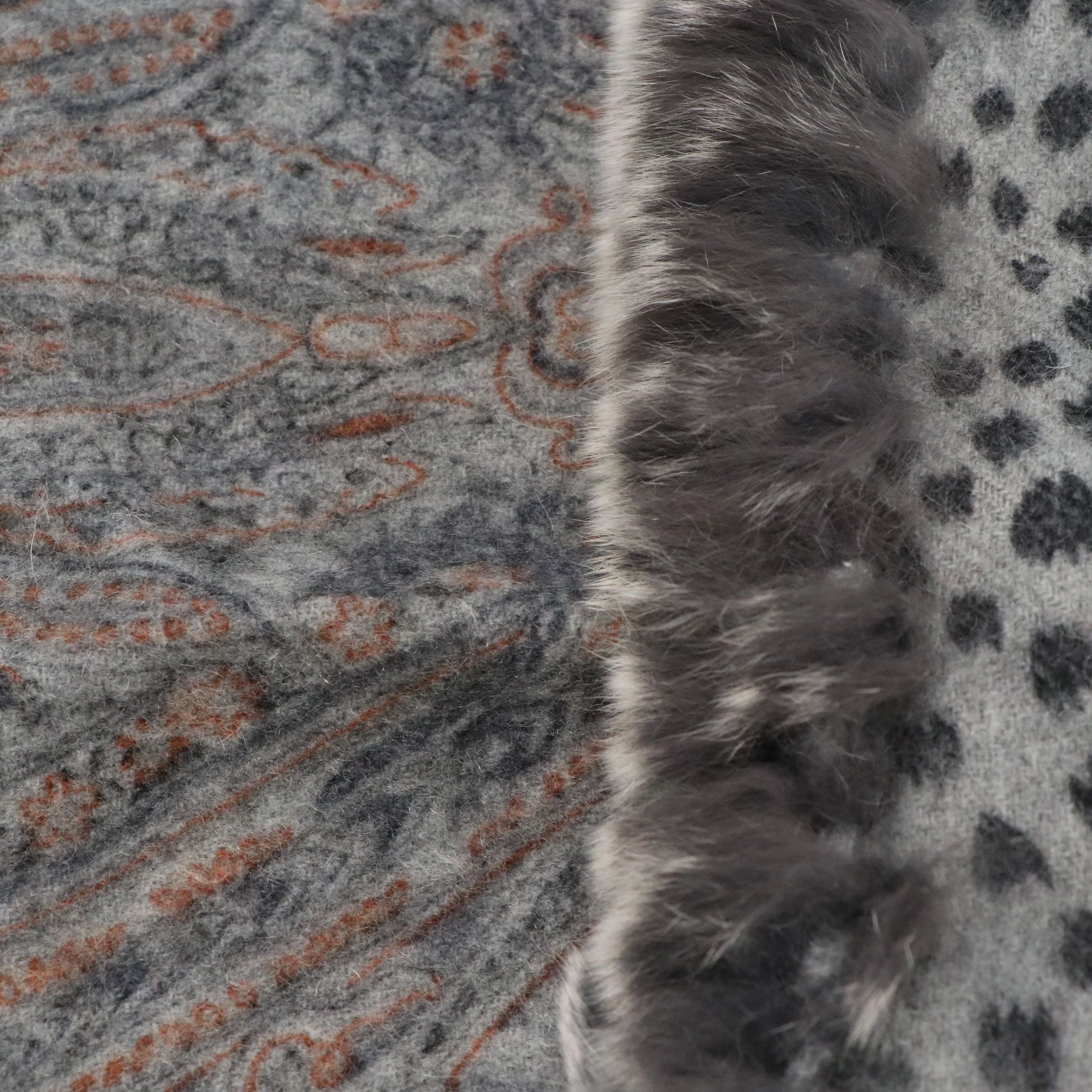 Belle Fare Leopard and Paisley Print Cashmere Fringe Scarf with Rabbit Fur Trim