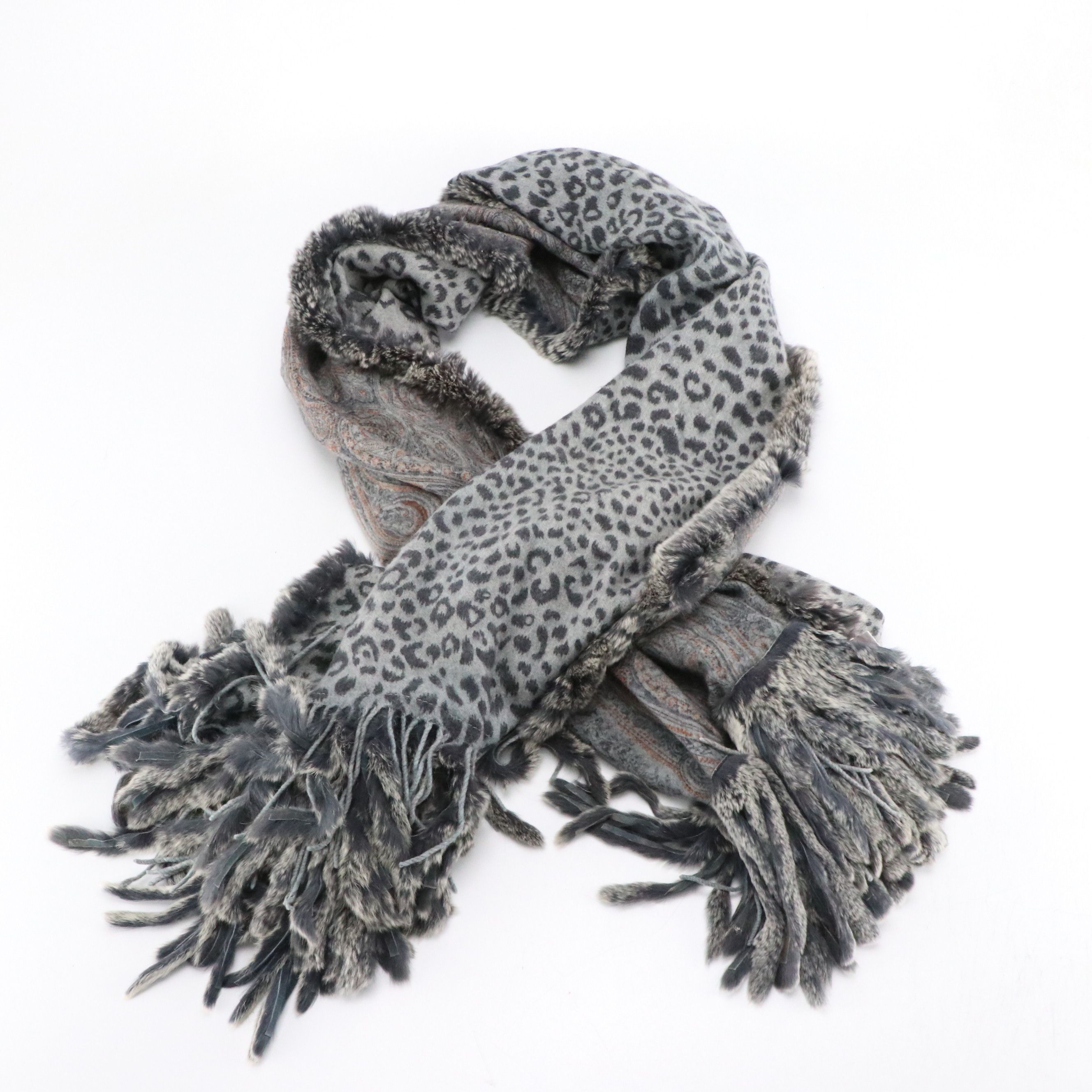 Belle Fare Leopard and Paisley Print Cashmere Fringe Scarf with Rabbit Fur Trim