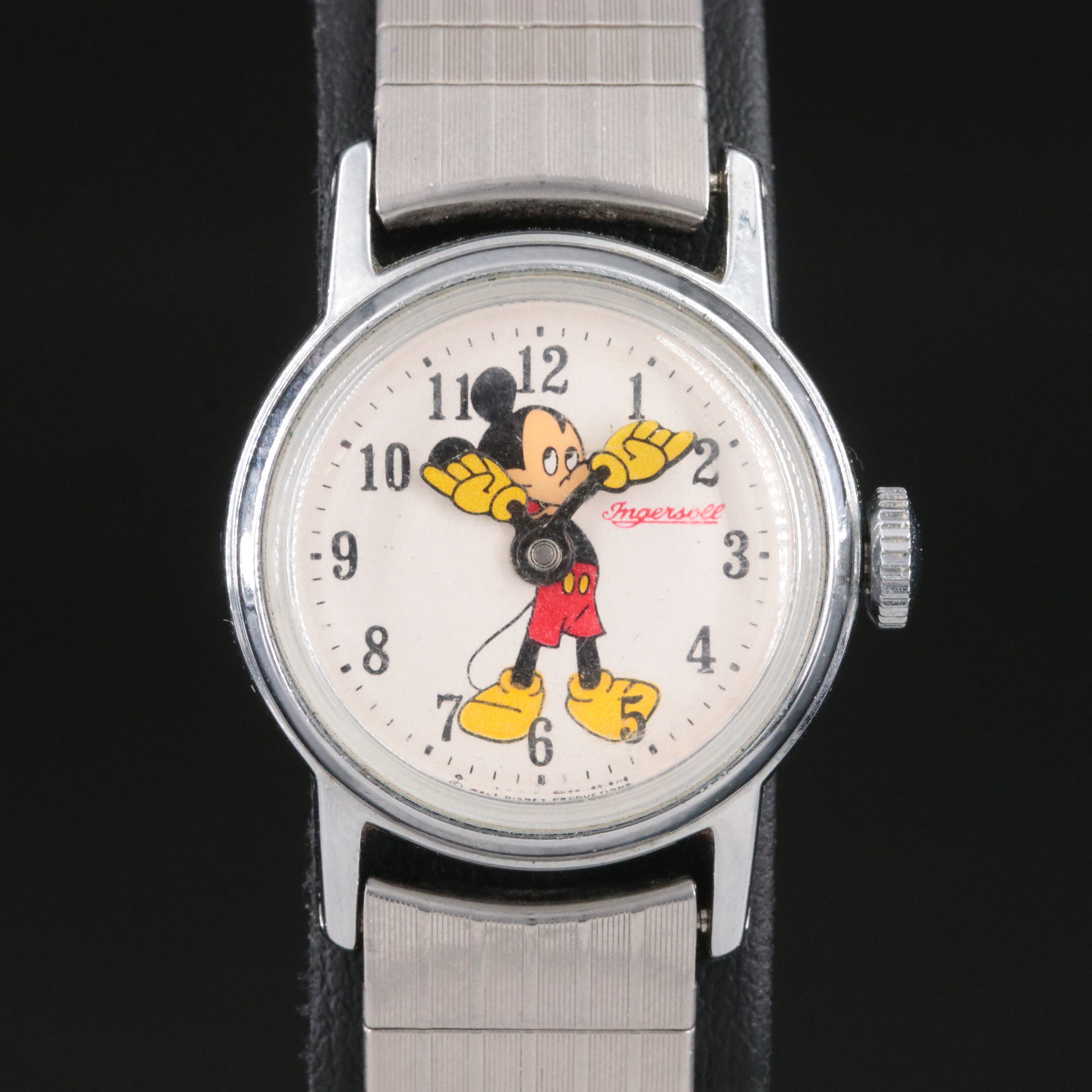 Vintage Ingersoll Silver Tone Mickey Mouse Stem Wind Watch