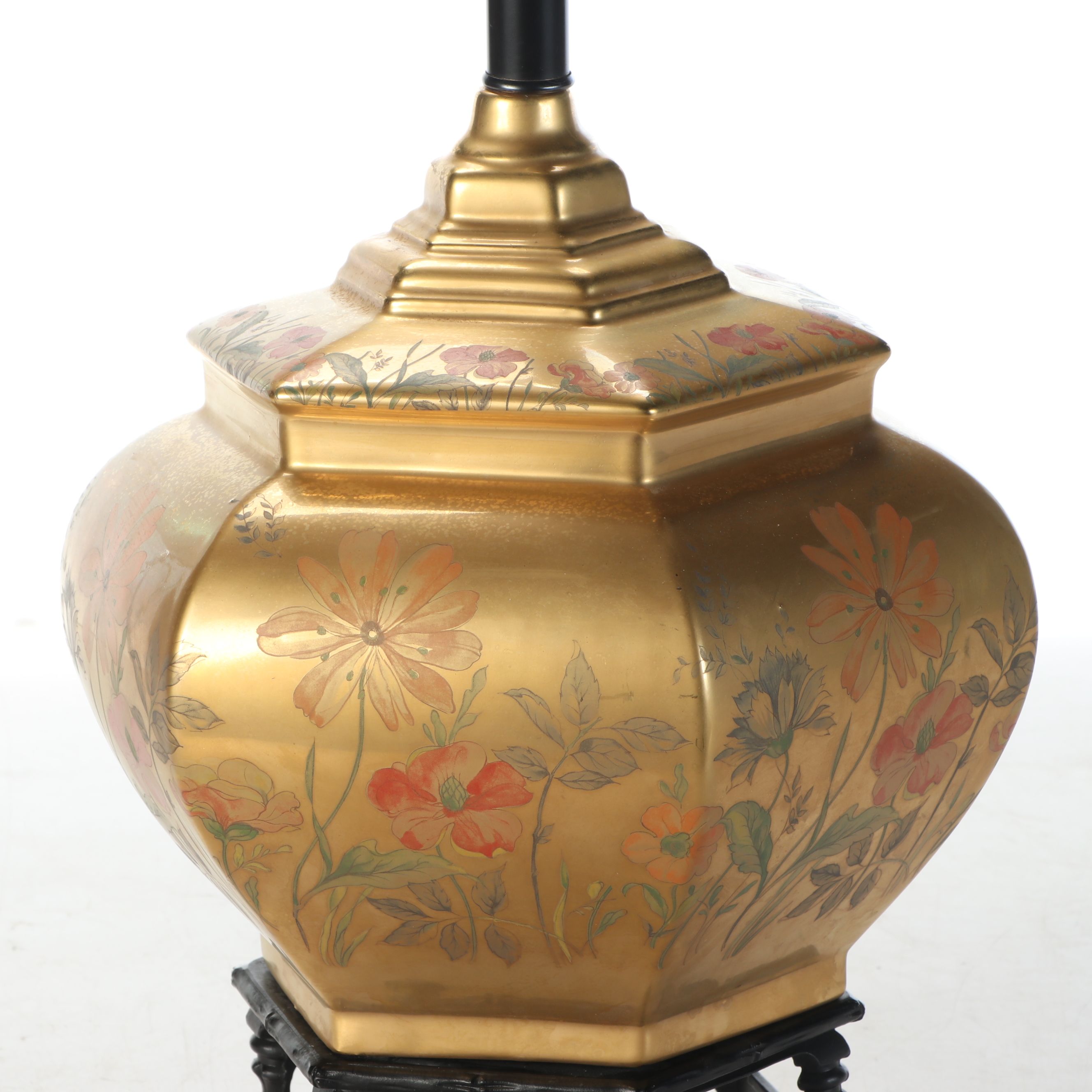 Chinese Hand-Painted Gold Enamel Hexagonal Table Lamp with Cast Metal Base