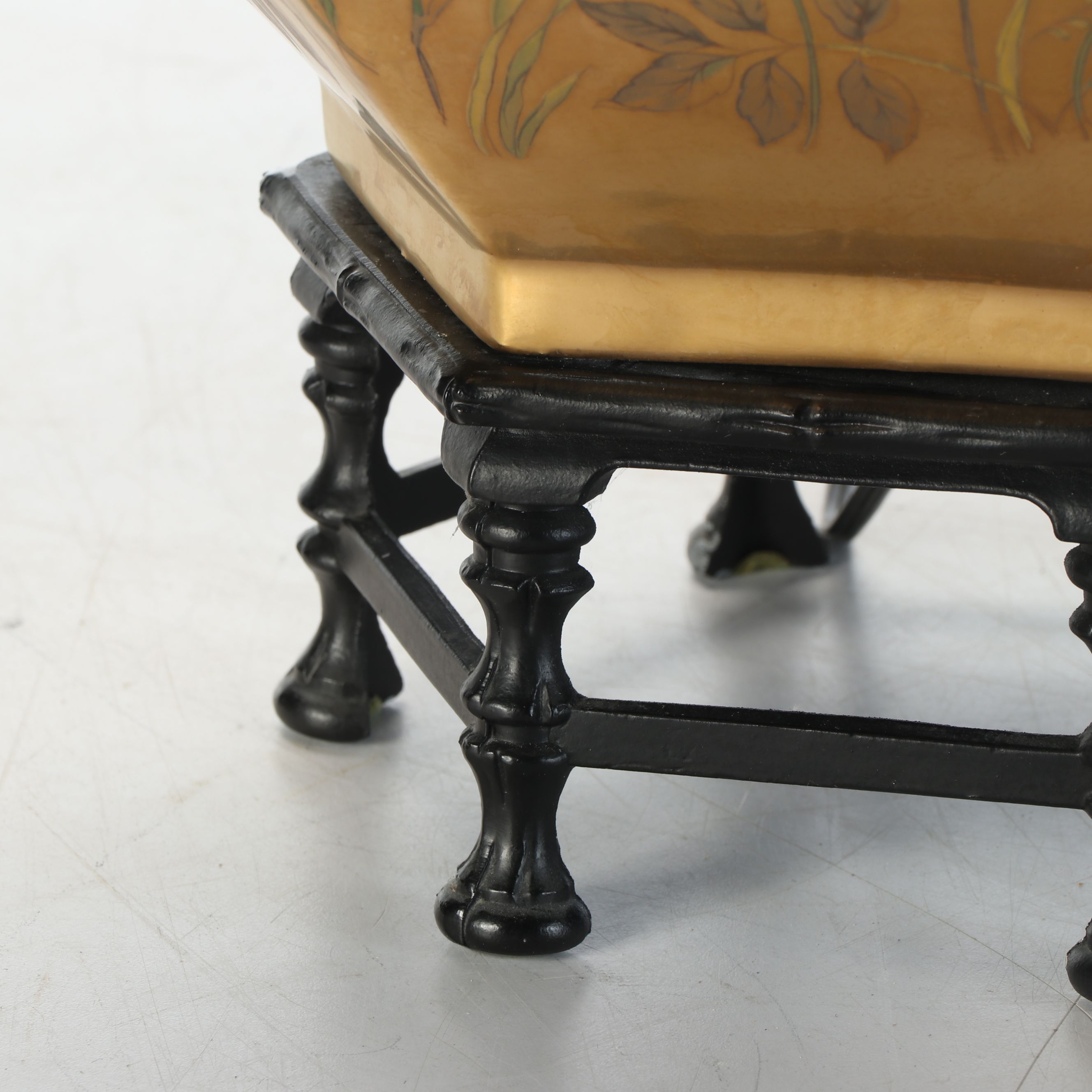 Chinese Hand-Painted Gold Enamel Hexagonal Table Lamp with Cast Metal Base