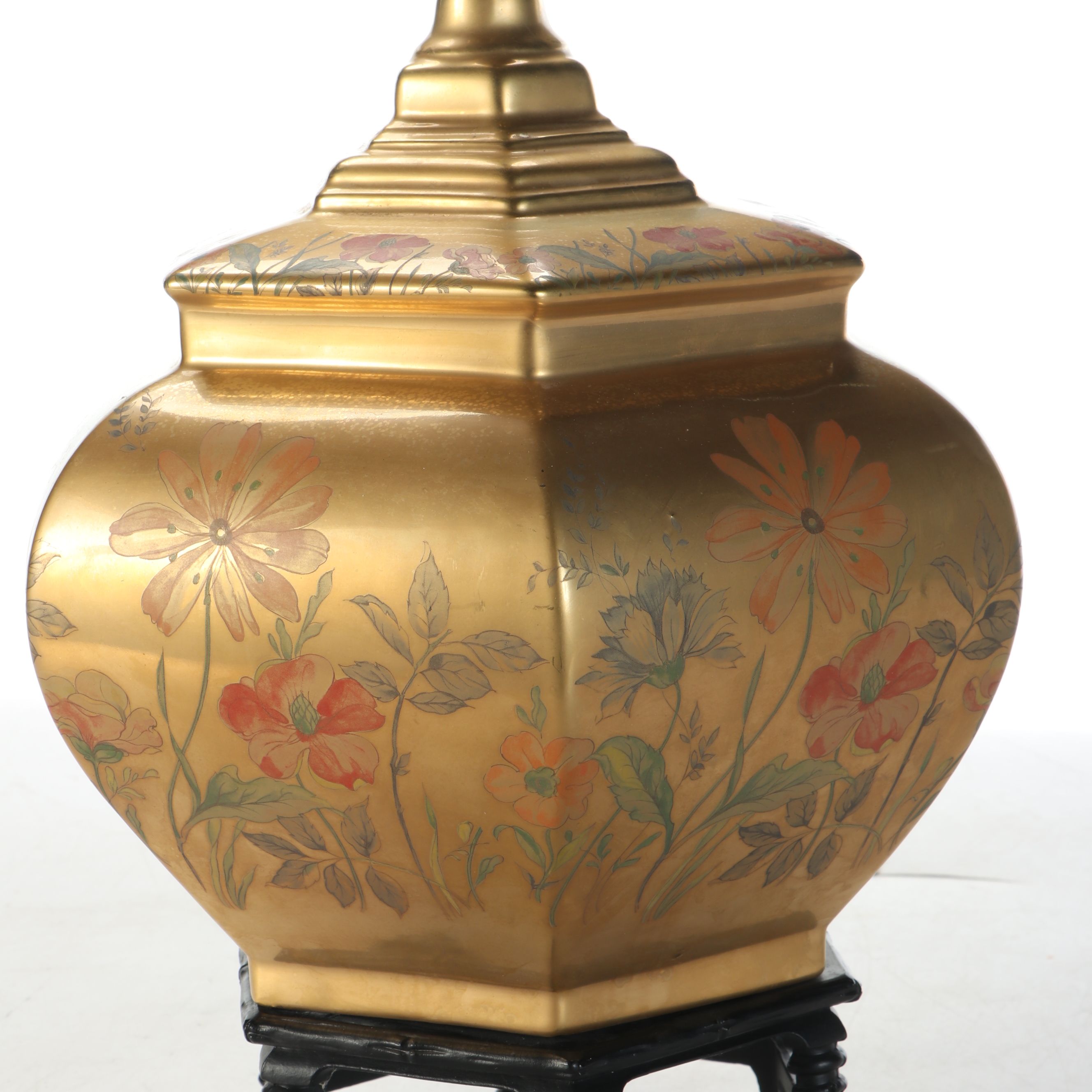Chinese Hand-Painted Gold Enamel Hexagonal Table Lamp with Cast Metal Base