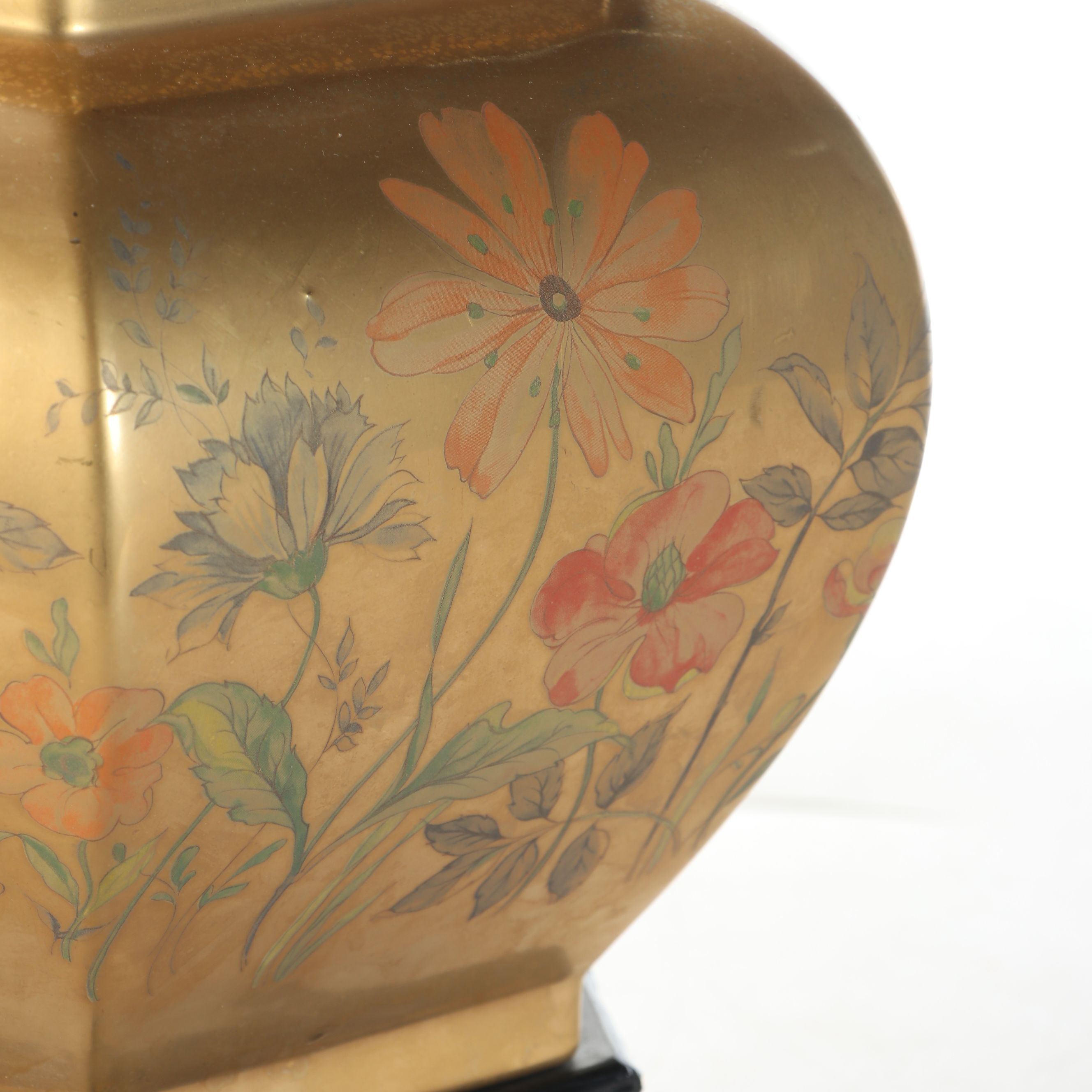 Chinese Hand-Painted Gold Enamel Hexagonal Table Lamp with Cast Metal Base