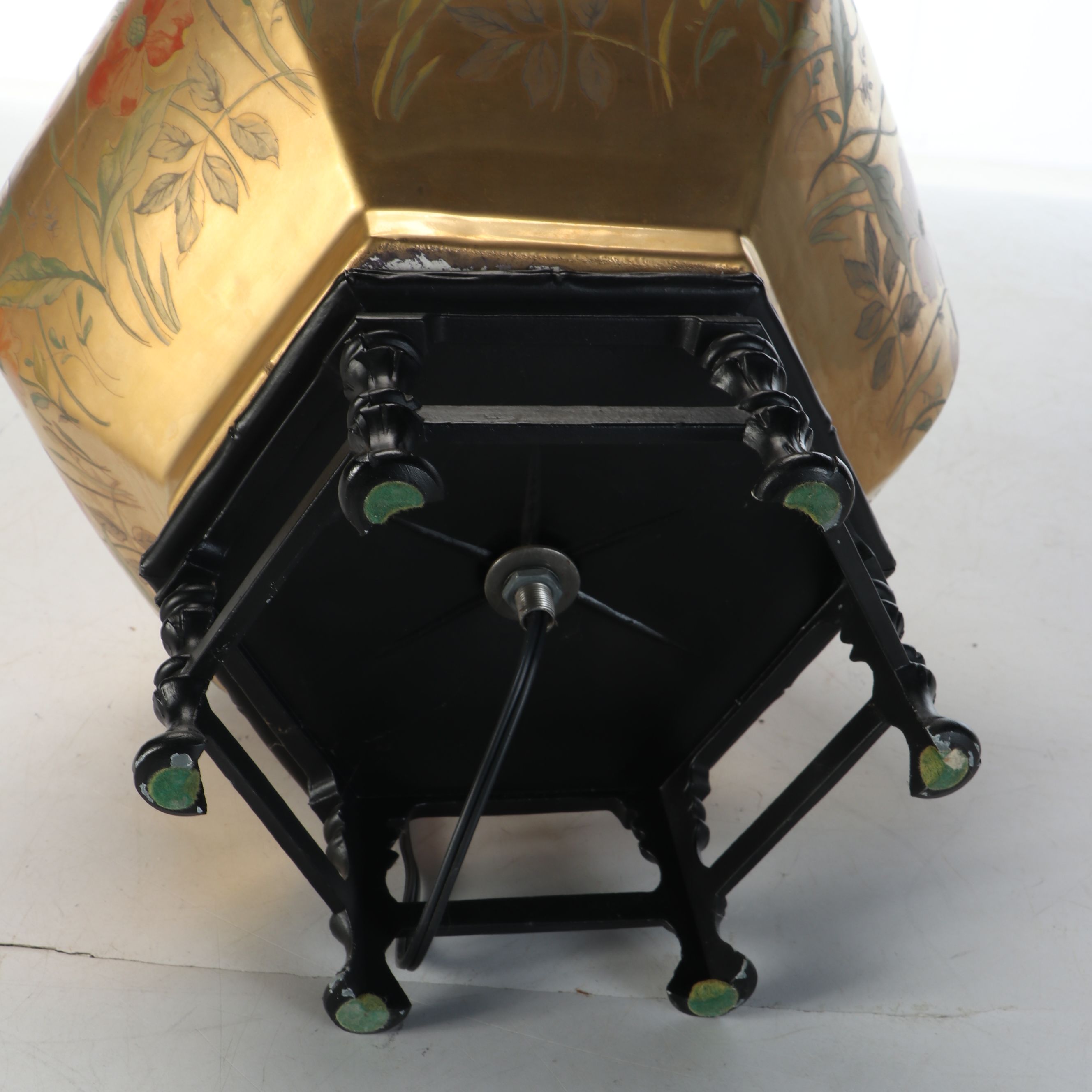 Chinese Hand-Painted Gold Enamel Hexagonal Table Lamp with Cast Metal Base