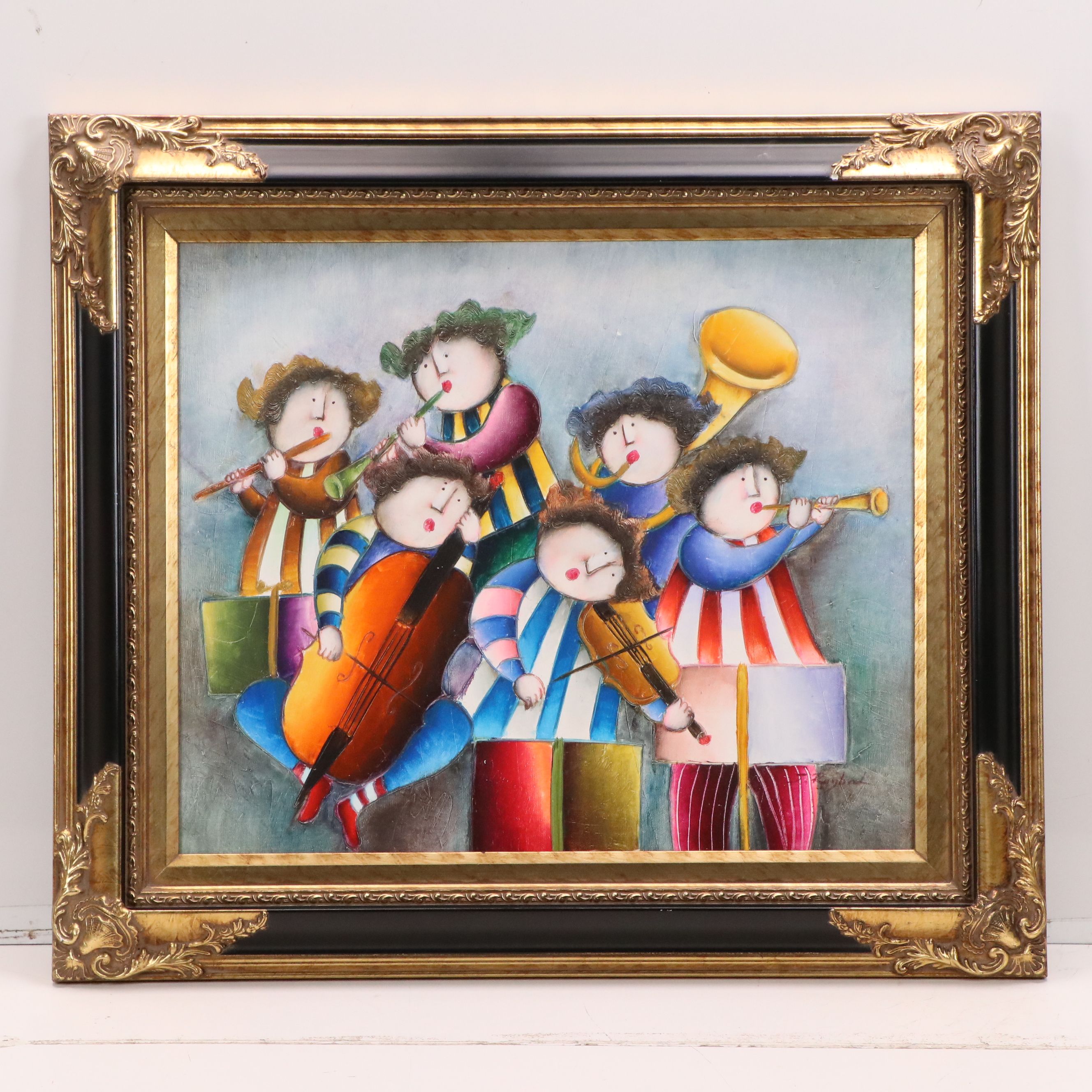 Joyce Roybal Oil Painting of Band, Late 20th to 21st Century