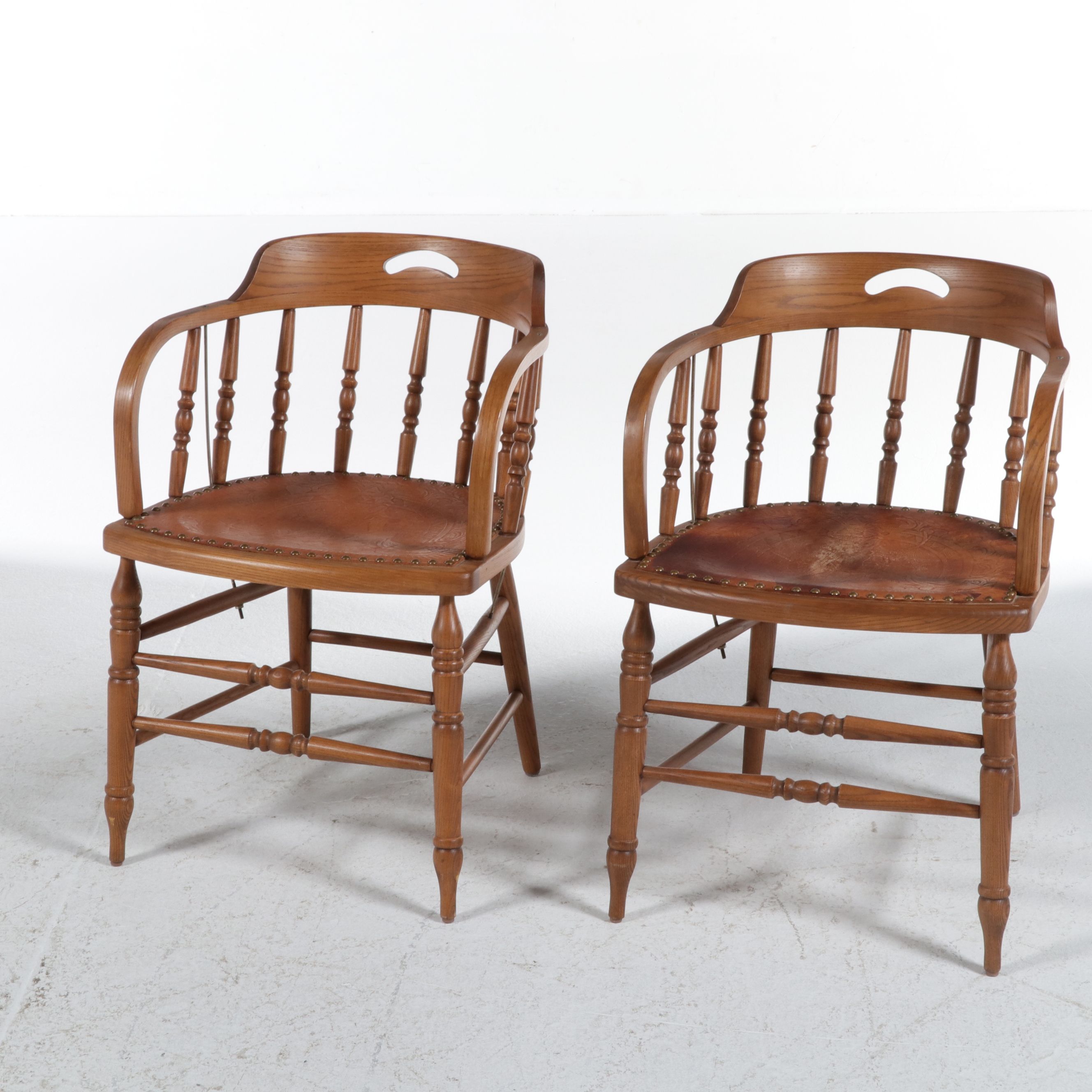 Pair of Tooled Leather Inset Oak Captain's Chairs, Late 20th Century